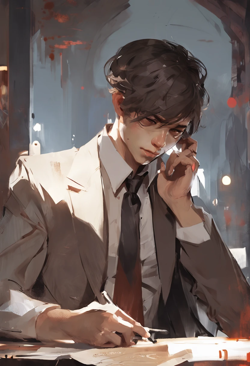 Thomas Shelby in brown suit, sitting at table smoking cigarette, artwork in the style of Guweiz, Wlop and Sakimichan, Edgar Maxence and Ross Tran, Tuomas Korpi and Wlop, Wlop and Ross Tran, Guweiz on Artstation Pixiv, Guweiz on Pixiv, Face of villain, manipulator
