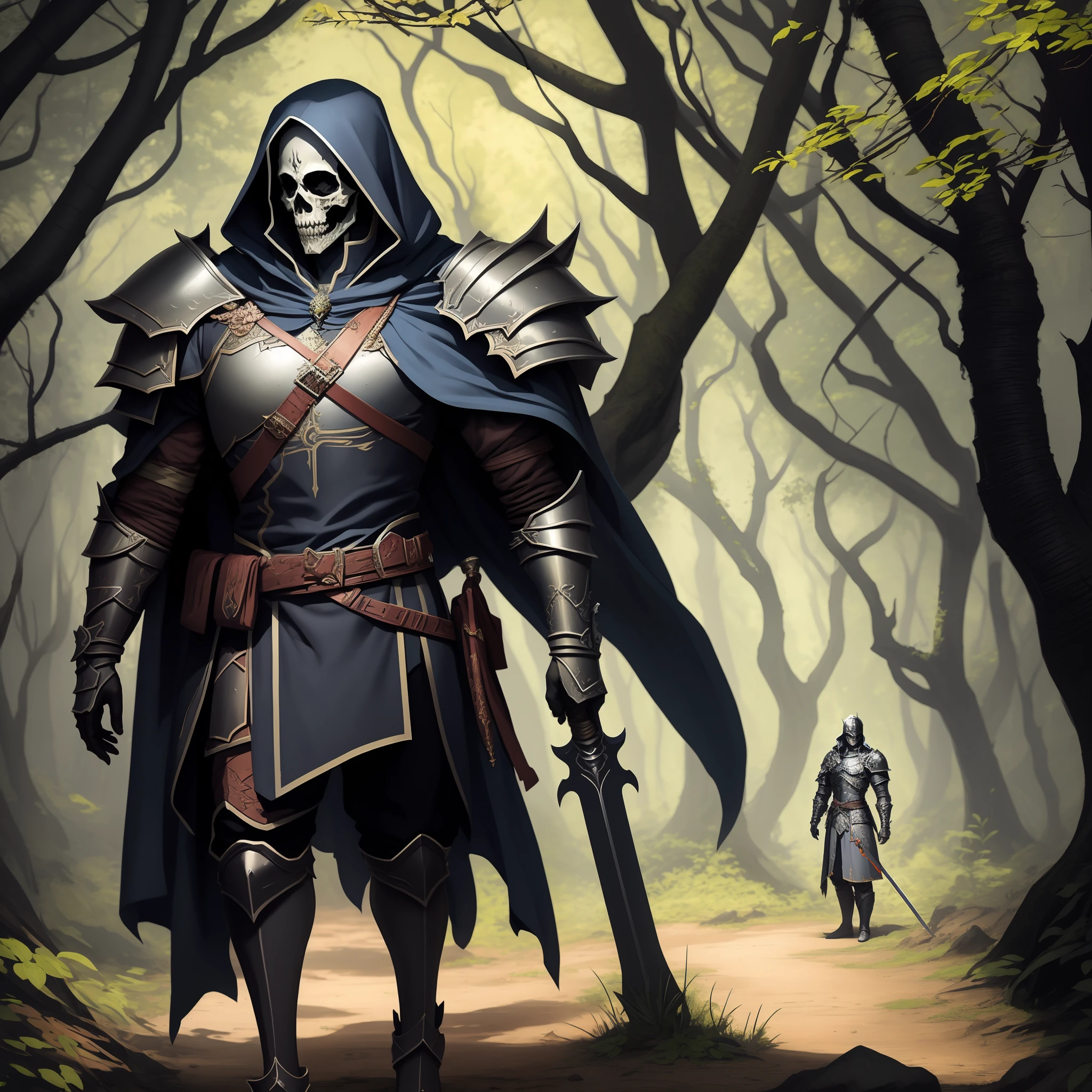 An undead warrior in a dark forest with a green sword and armor, but not a skeleton, in full height, artgerm