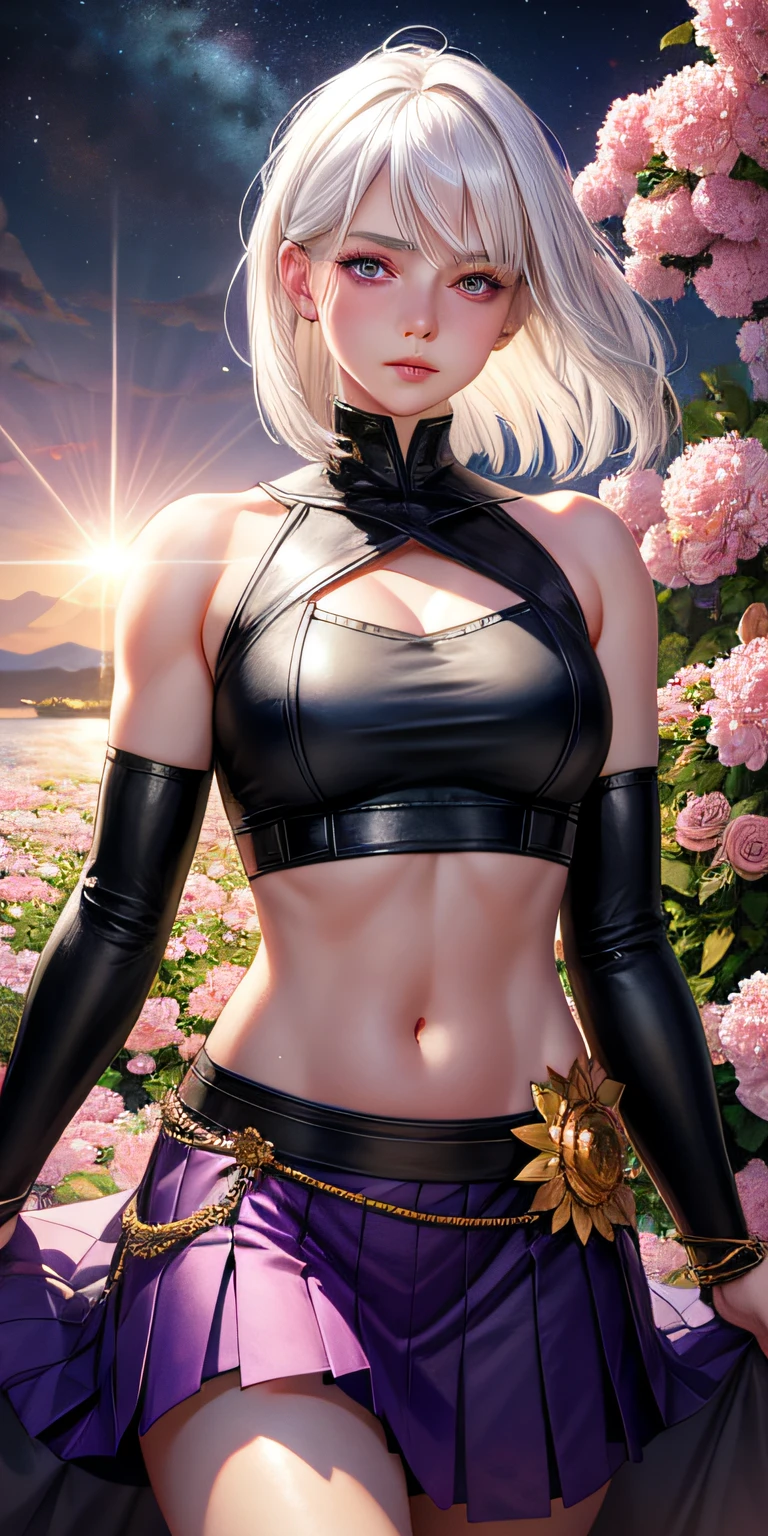 realistic, 1girl, white hair, purple eyes, glowing eyes, crop top, skirt, parted lips, blush, night, flowers, sun, sunlight,