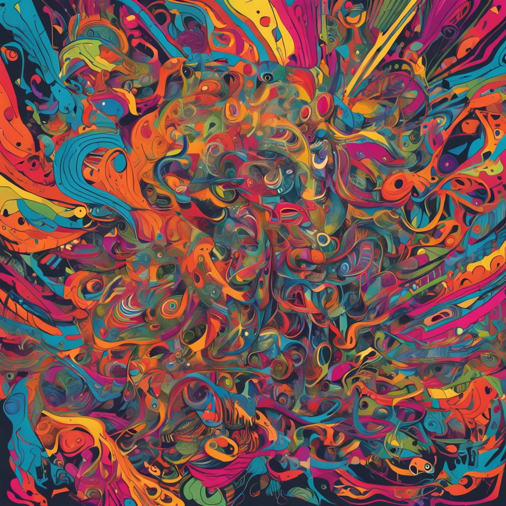 In a surreal world of dreams and nightmares, emerge una figura mitad humano, mitad esqueleto, surrounded by a whirlwind of colors and abstract shapes that create a sense of constant movement