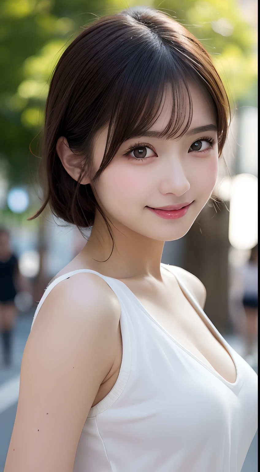 8k, Ultra-high resolution, Highest quality, masterpiece, 三分割法によるphotograph,Surreal, photograph, 1 Girl, (16 years old:1.3), pretty girl, Cute Face, Beautiful eyes in every detail, 細かくdetailedに,masterpiece,One Girl:1.2, Japan Female Announcer,extream close up,smile,Black Hair,Messy hair,street tree,Urban area,Young Wife,healthy,Summer knitwear,Décolletage,Natural Makeup,Beautiful clavicle,Realistic Skin, Perfect and beautiful face ,完璧でCute Face, Skin with attention to detail, Perfect limbs、Narrow waist、Thin legs),Looking at the audience、beauty,Long neck、(((Ideal body type))),A cup small breasts :2,Portraiture:2,Perfect Anatomy,鮮明なdetailed,detailed,Surreal,Light and shadow,dappled sunlight