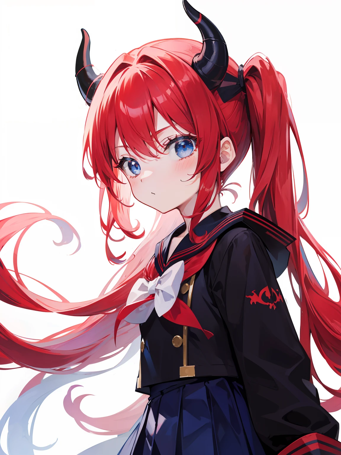 red hair, blue eyes, twintails, Sailor suit,black coat, Pleated skirt,solo,loli,cute,bow,Dragon horns