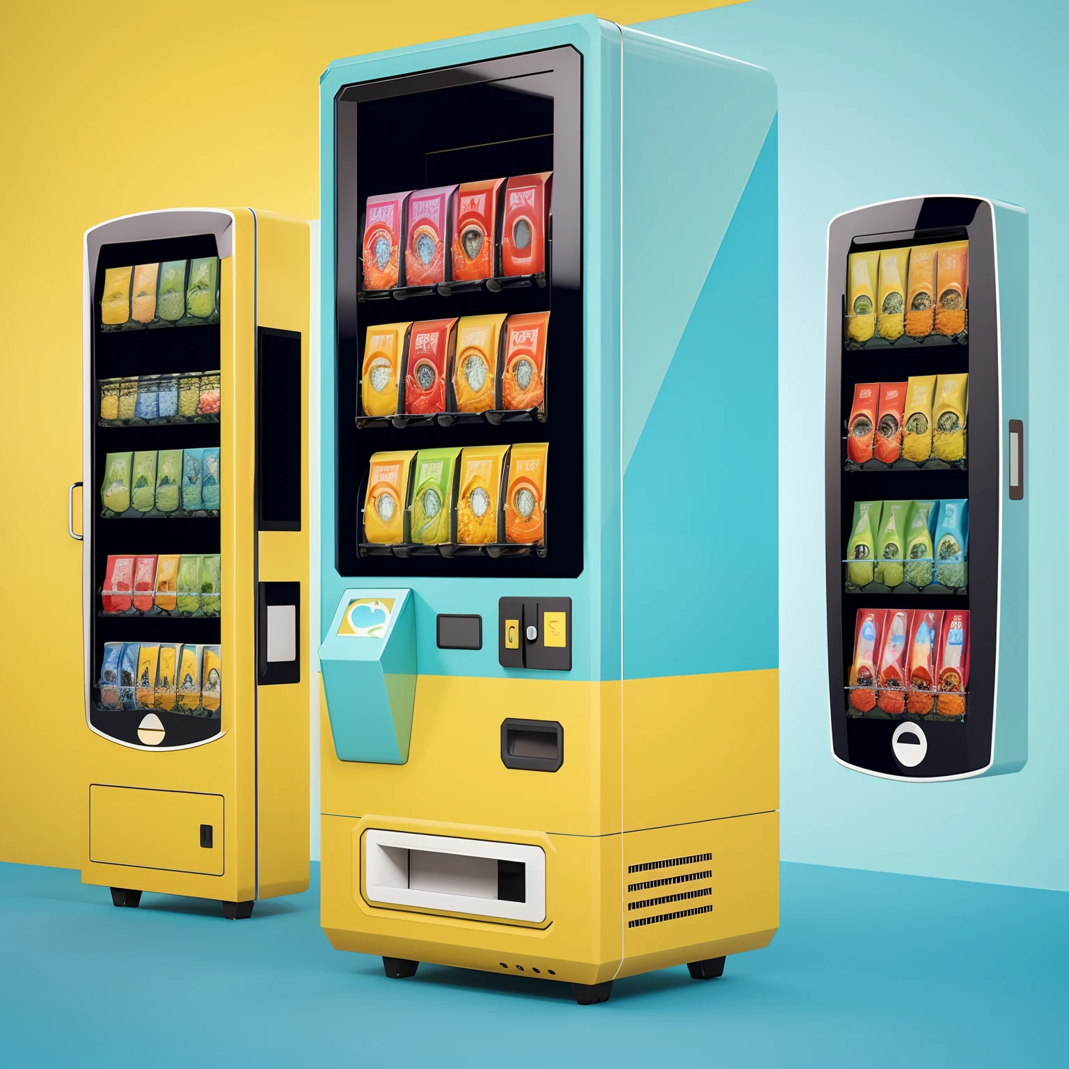 Close-up of fishing supplies on display,For example,Star support material assembly,vending machines,sci-fi vending machine,3D product render,Some are more specific, Descriptive scenarios may appear on the computer,por exemplo, Someone went to the vending machine and bought a hook bait,etc,Or describe the scene where something is purchased,Stylistic references attract attention,applied,Represents fashionability,Elements with a strong visual sense,There are reasonable ones on the fuselage, A contextual description of the style element, etc,The overall color is mainly yellow and light cyan,Color distribution is 50 each%,Wish there were more elements,The elements are more diverse,Fewer colors,There are no portraits on the machine,or role,The color is lighter,There are slightly more elements of the fishing class,The design is a little stronger,Two-dimensional points