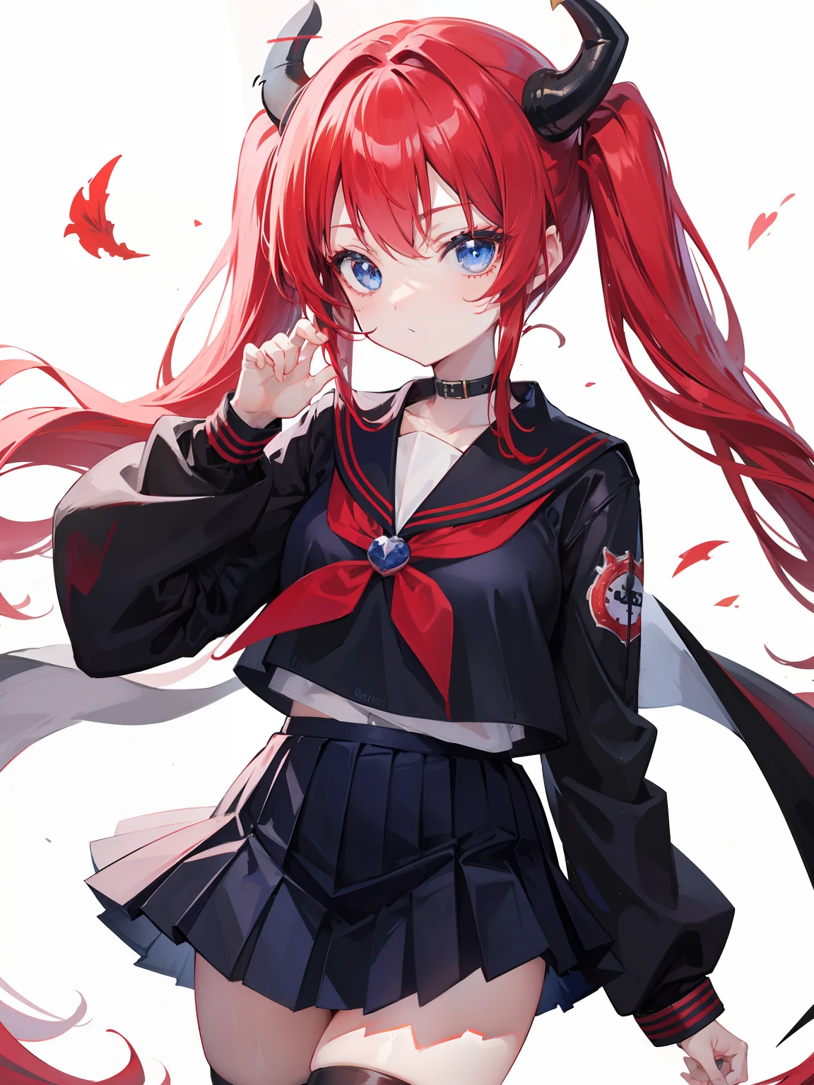 red hair, blue eyes, twintails, Sailor suit,black coat, Pleated skirt,solo,,cute,bow,Dragon horns