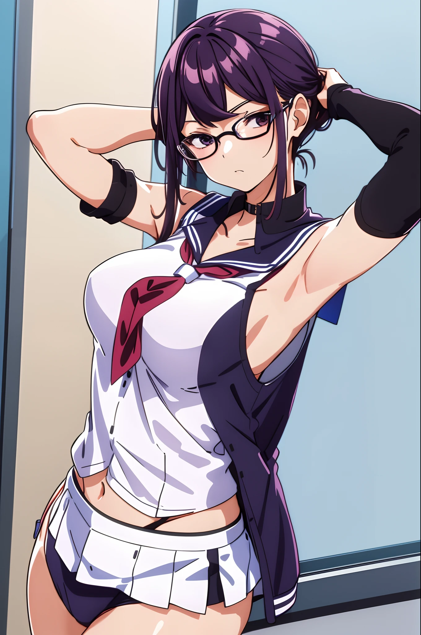 kanzaki rin, sailor uniform , (sleeveless), (detached sleeves), black-framed eyewear, Navel (presenting armpit), arms behind head, hands behind head, arms raised, hands in pockets, standing, (simple background)