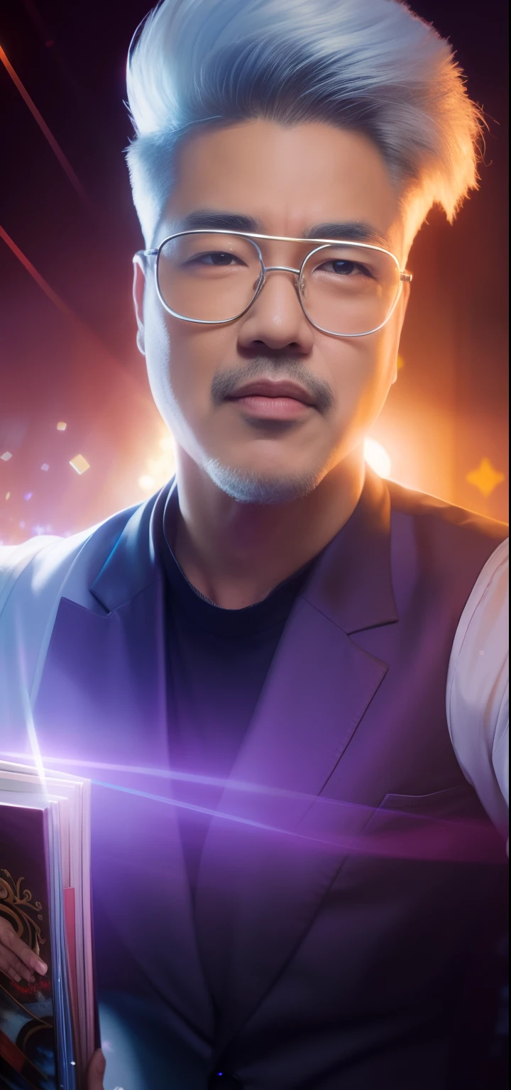 A detailed painting depicting a handsome, mature Asian man in a suit surrounded by a flurry of glowing Magic The Gathering cards and the book Dungeons and Dragons in the center.