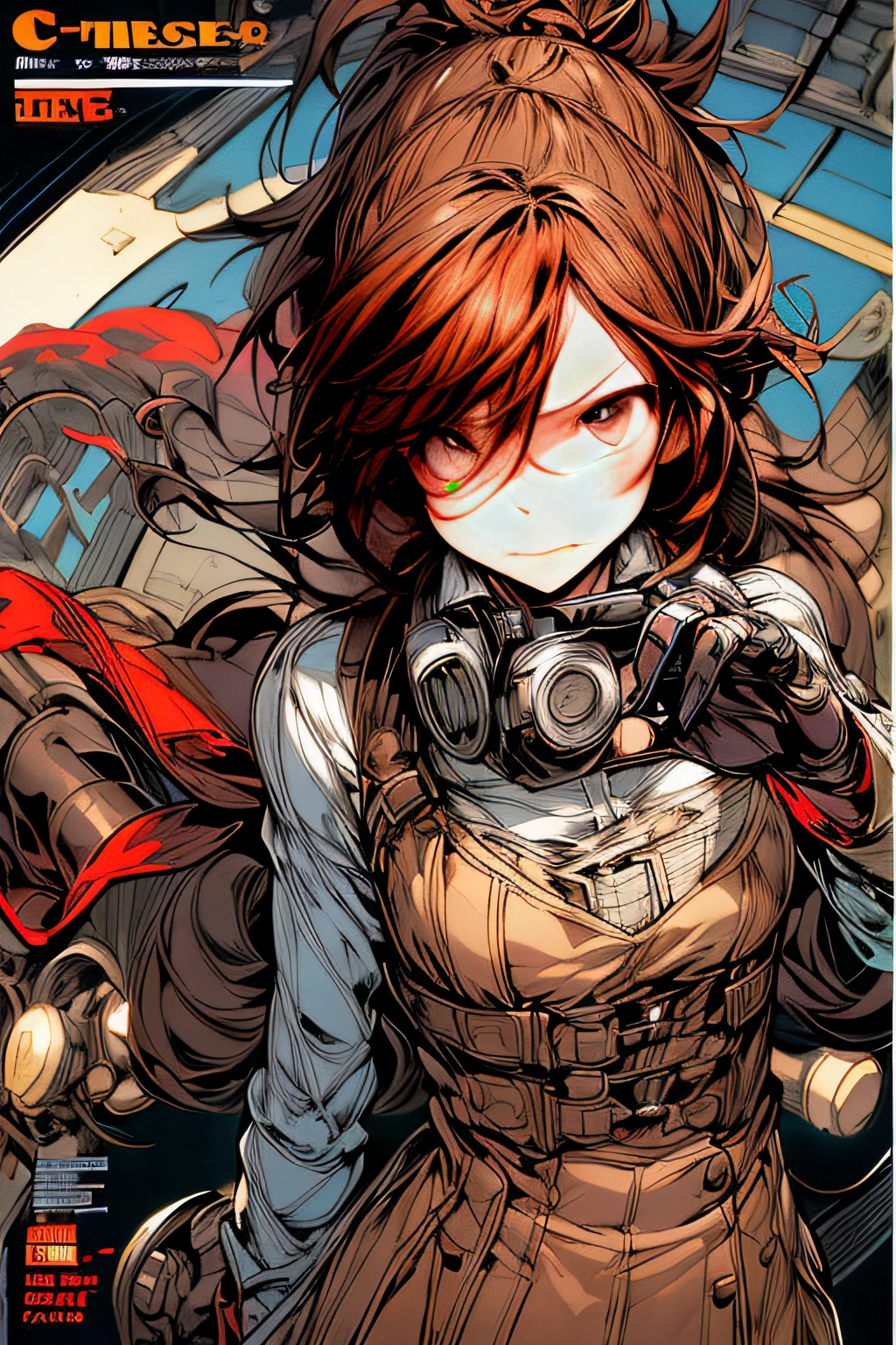 (comic book style),(linear art_Anime),(masutepiece, Best Quality, ),(Laura Bad Picture:1.2),(Lora Add Details:1.0),8K, Flat color:0.8,1girl in,steampunc、machinery background
