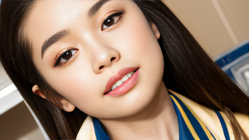 Mixed-race yellow-haired girl、White Skin Skin、chineseidol、年轻、Thick eyebrows、Black eyes、biting lip、Full of arrogance、Cheer Uniforms、Custom JF clothing、(1 female secondary school student)、In the school infirmary、Sit on the bar、Slim eyebrows、Brown hairpins、hentail realism、8K、tmasterpiece、A high resolution、、anatomically correcte、、from above view、32K quality
