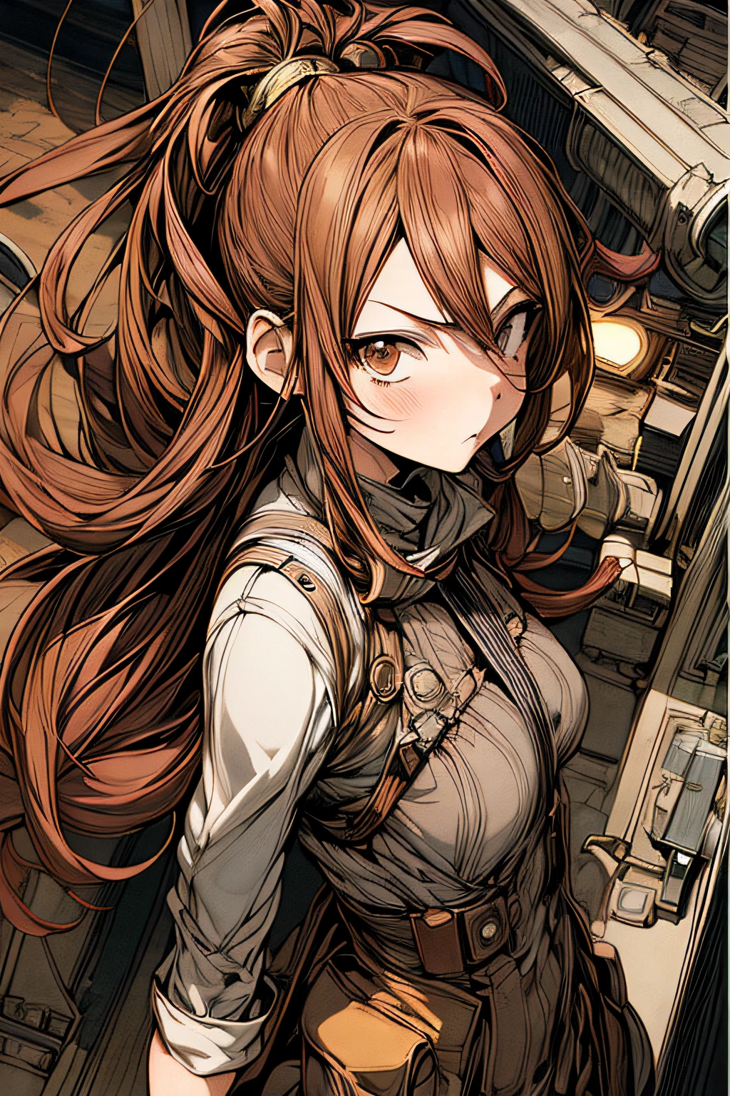 (comic book style),(linear art_Anime),(masutepiece, Best Quality, ),(Laura Bad Picture:1.2),(Lora Add Details:1.0),8K, Flat color:0.8,1girl in,steampunc、machinery background