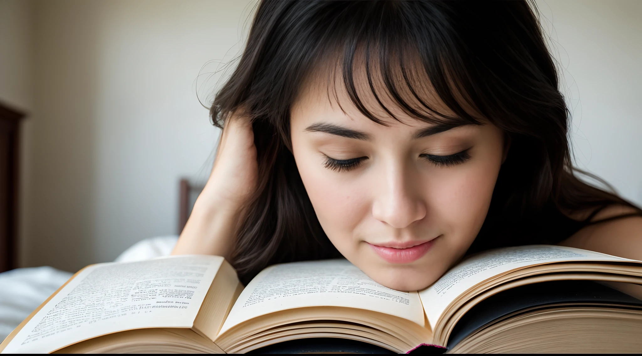 instagram photo, closeup face photo The enchanting moment when a woman loses herself in the pages of literature, her expressions echoing the stories she embraces, Nikon D850 with 50mm f/1.4 lens, soft natural light, candid literature photography.