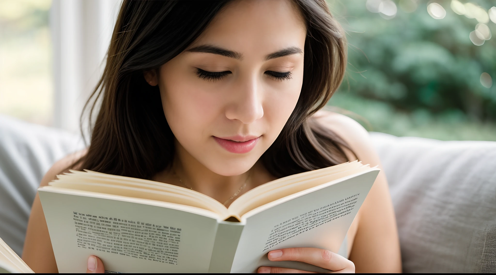 instagram photo, closeup face photo The enchanting moment when a woman loses herself in the pages of literature, her expressions echoing the stories she embraces, Nikon D850 with 50mm f/1.4 lens, soft natural light, candid literature photography.