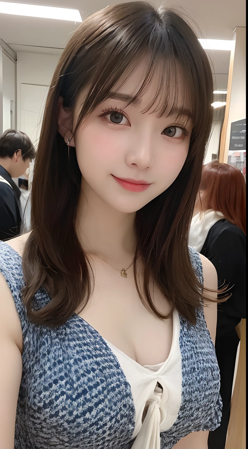 High resolution, Highest quality, Perfect dynamic composition, Beautiful attention to detail, Off the shoulder、Shiny Hair、Medium Hair, Natural color lip, university student、Harajuku、smile