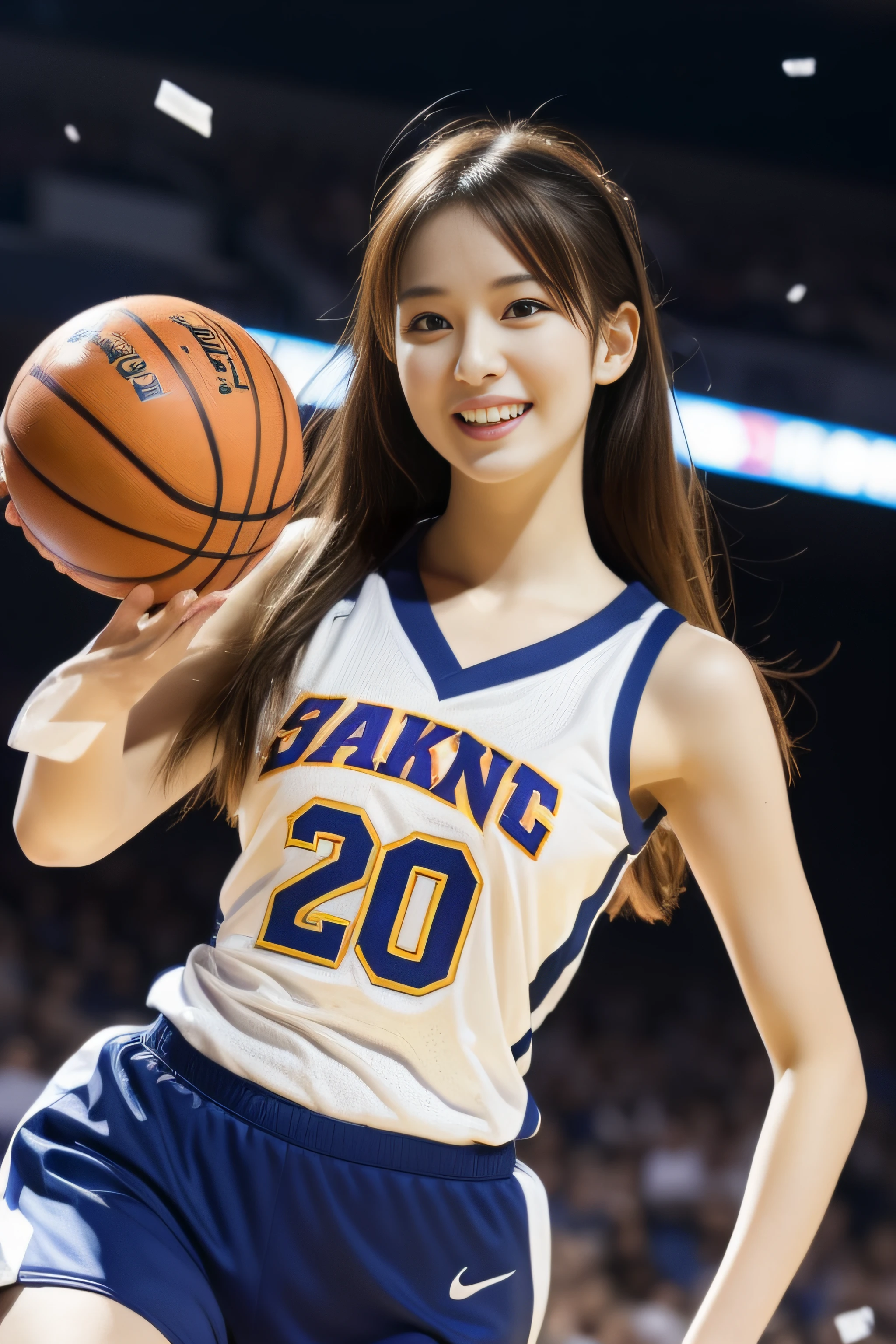 (Raw quality), Highest quality、masterpiece、Ultra-high resolution、(Photorealistic:1.4)、Raw photo、1 Girl、Glowing Skin、headset、((Ultra-Realistic Details))、Portrait、Global Illumination、Shadow area、Octane Rendering、8k、Ultra Sharp、((Delicate body type))、Hair ornament of the future、(Basketball team uniforms:1.3)、Cleavage、Side boo boo, ((Medium bust:1.4))、(Sunburned skin:1.4)、Very intricate detail、Realistic Light、Metallic Shine、CGSoation Trends、(Purple eyes:1.4)、(Shining Eyes)、Facing the camera、Neon Details、Sitting、Cyberpunk background、Small LED lamp、(Purple and green lighting from behind)、