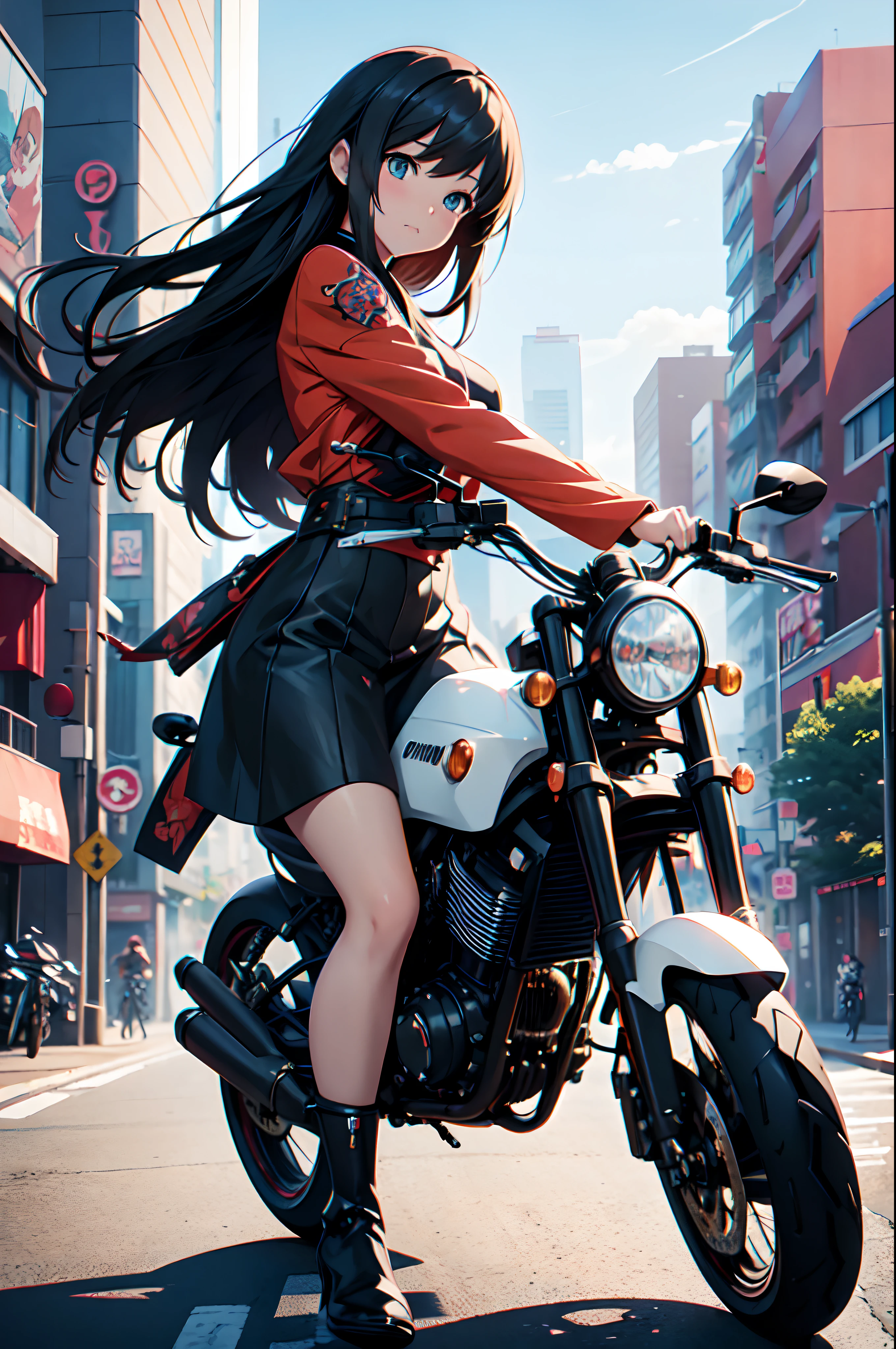 Anime girl riding motorcycle on city street with buildings in the background, artwork in the style of guweiz, guweiz, guweiz on pixiv artstation, guweiz on artstation pixiv, Girl in kimono, akira motorcycle, motor cycle, cushart krenz key art feminine, akira motorcycle, from arknights