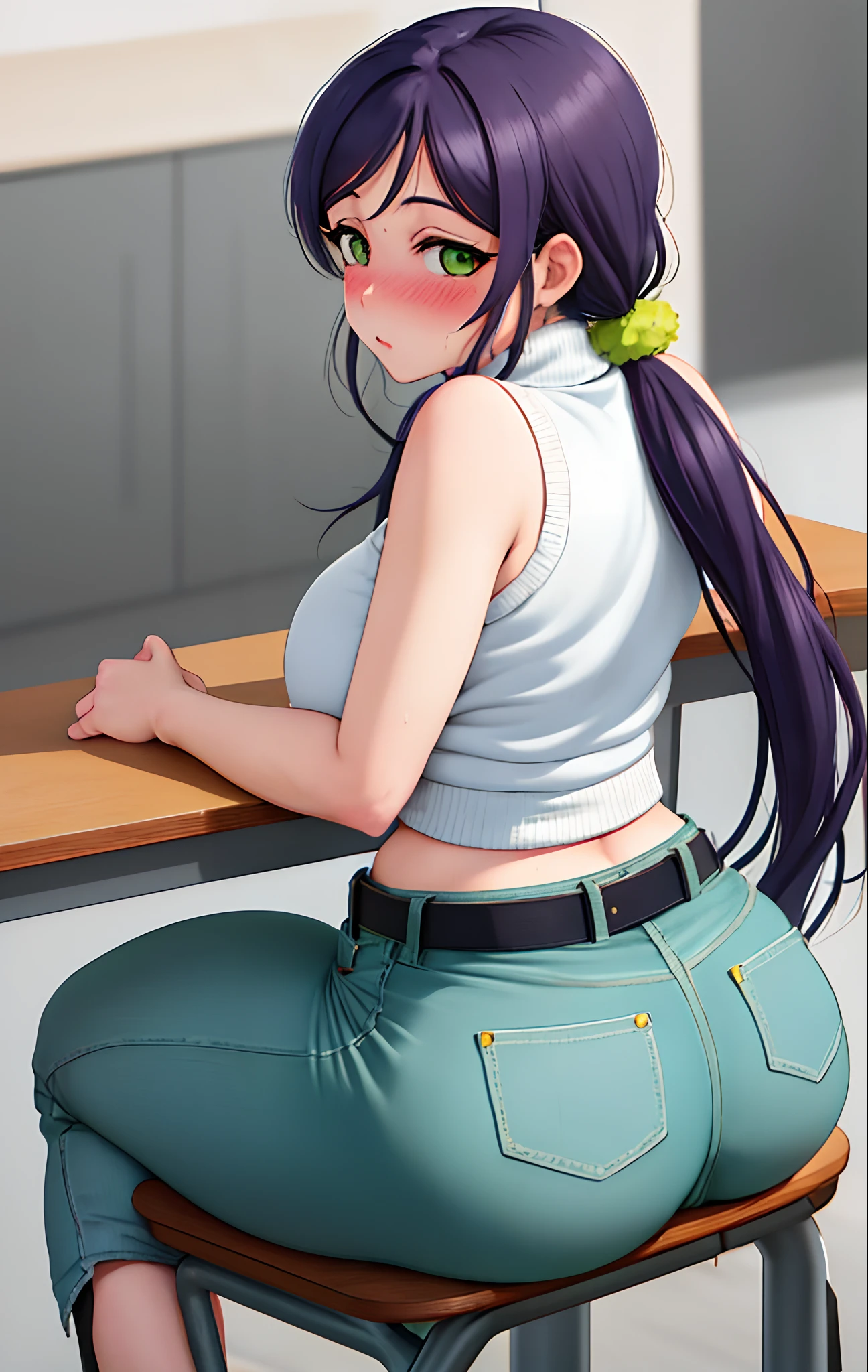 Toujo nozomi, green eyes, low twintails,ASS, SITTING, SOLO, LOOKING BACK, FROM BEHIND, DESK, THIGHS, ASS FOCUS, CHAIR, HUGE ASS, sweater, sleeveless,midriff,denim pants,belt, llchar,big breasts, school, (blushing:1.3),cum on ass