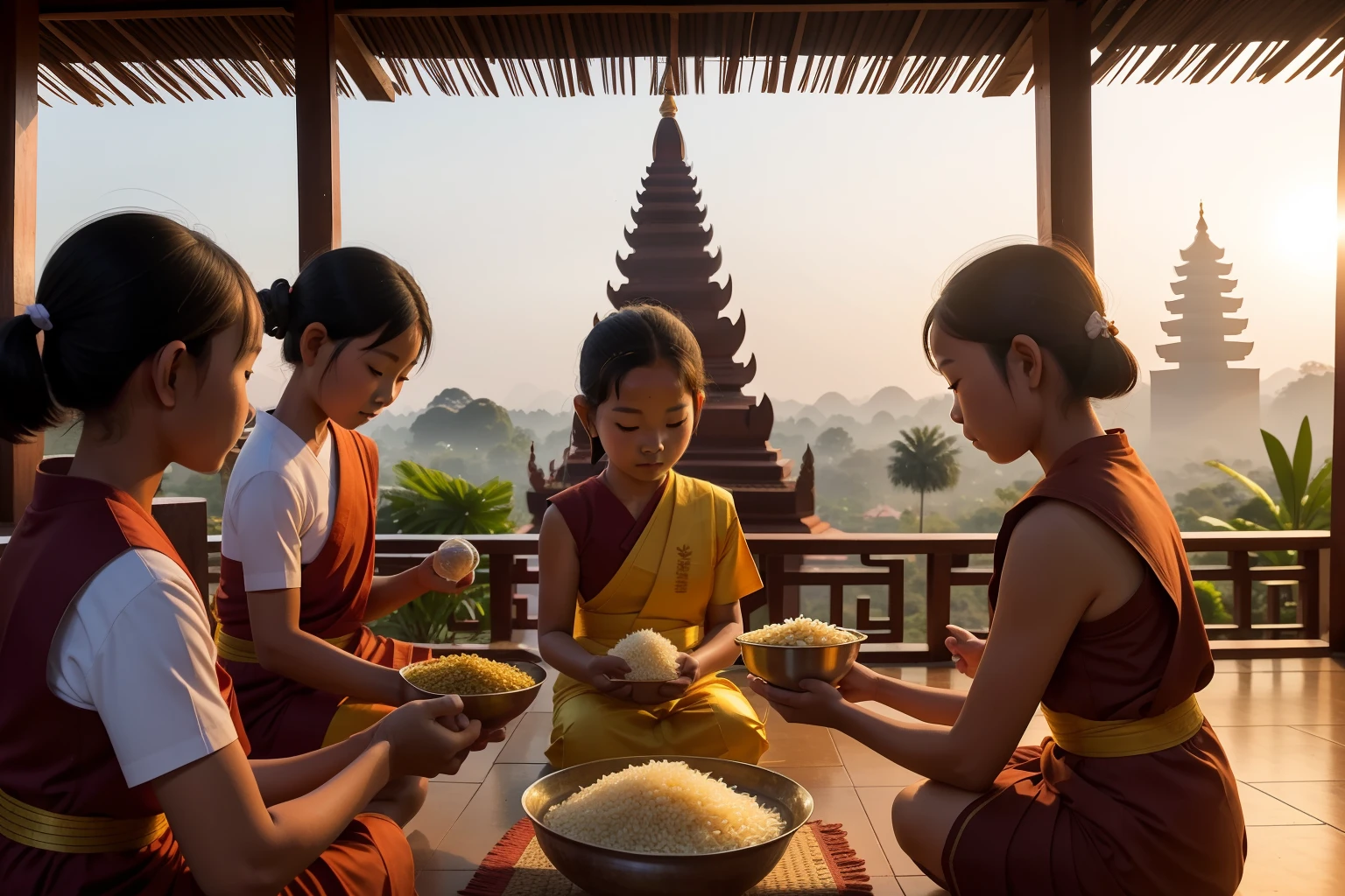 Year: 2019
Country: Laos
Description: At a tranquil Buddhist temple in Vientiane, a group of tweens engages in a traditional almsgiving ceremony, offering rice to the monks. The temple's golden spires shimmer in the morning light, creating a picturesque backdrop to this cultural experience.