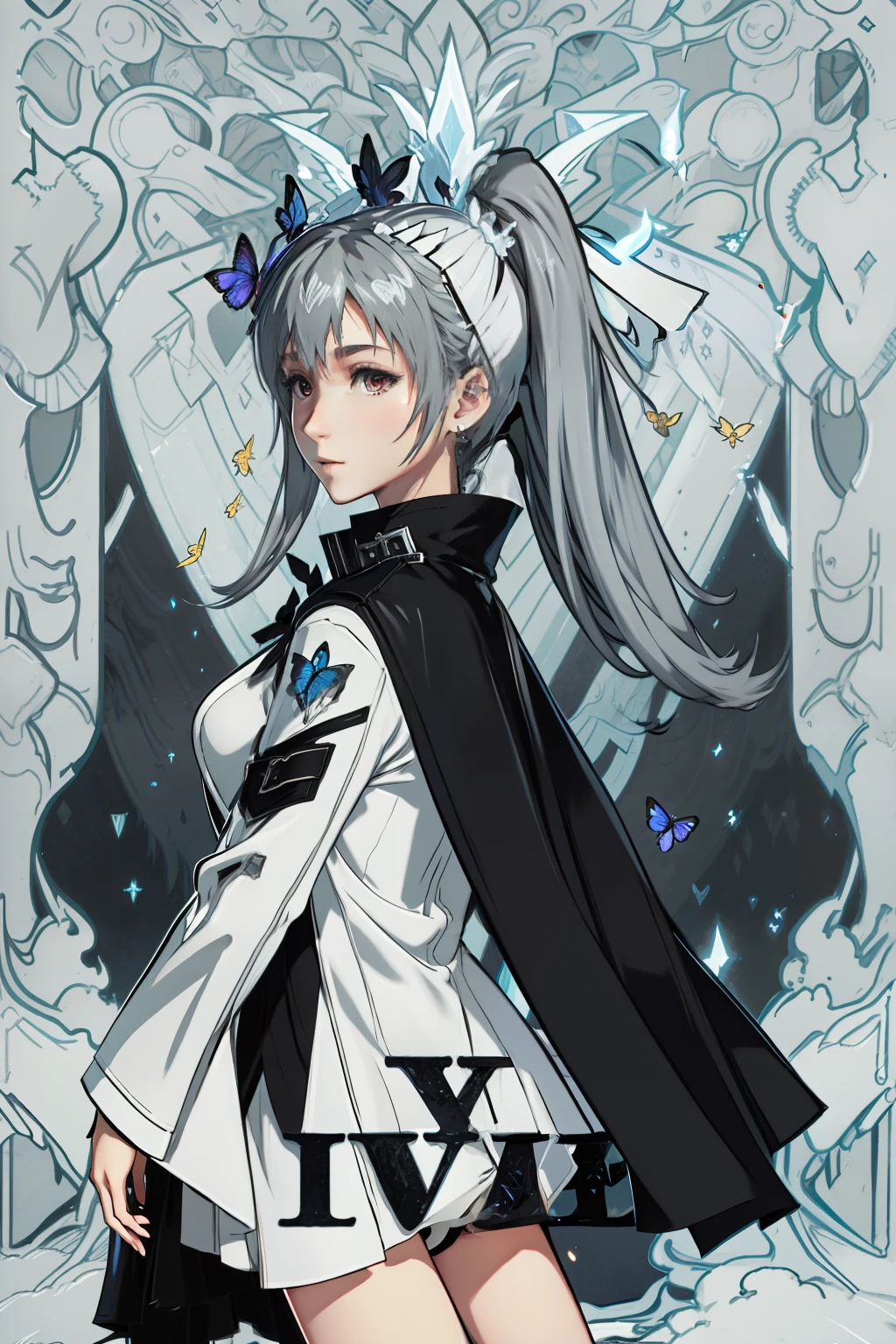 White shirt black coat girl， ultra - detailed ， Fantastical，Many black butterflies，Fantasy world，Not exposed，white  shirt，blacksuit，The left side is tied into a ponytail，Gray hair，fantasy concept art，In black suit，Gray hair，With gray eyes，Benevolent eyes，