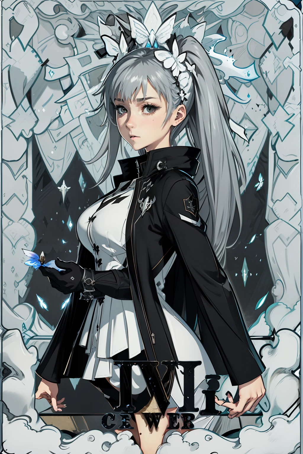 White shirt black coat girl， ultra - detailed ， Fantastical，Many black butterflies，Fantasy world，Not exposed，white  shirt，blacksuit，The left side is tied into a ponytail，Gray hair，fantasy concept art，In black suit，Gray hair，With gray eyes，Benevolent eyes，