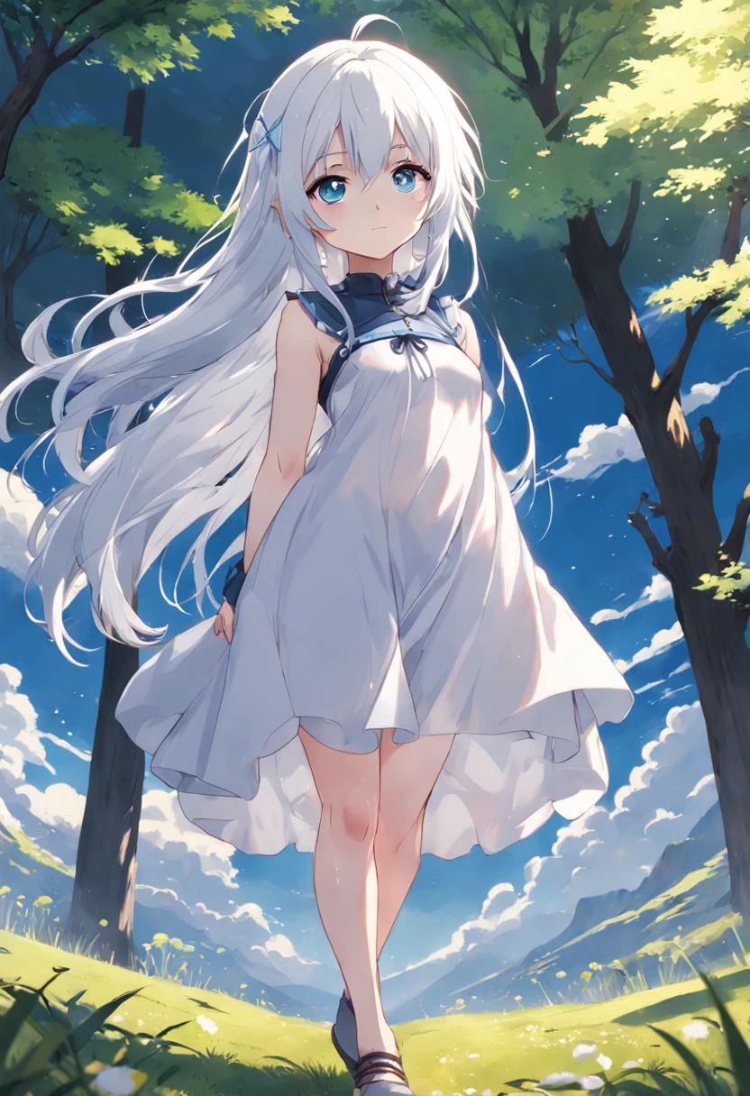 Woman with long white hair and blue eyes standing in meadow,Anime visuals of cute girls, Girl with white hair, perfect gray hair girl, white haired god, white hair, Kantai Collection Style, anime clouds, young anime girl, anime moe art style, Anime Best Girl, (Anime Girl), an anime girl, white-haired girl,flowing white hair,Smaller chest,Sleeveless、Camisole,small tits, (8K, Raw photography, top-quality, masterpiece:1.2), (realisitic, Photorealsitic:1.37), ultra-detailliert, 1 rapariga, 独奏, cute little, Beautiful detailed sky,、Height 130,(((Sleeveless)))
