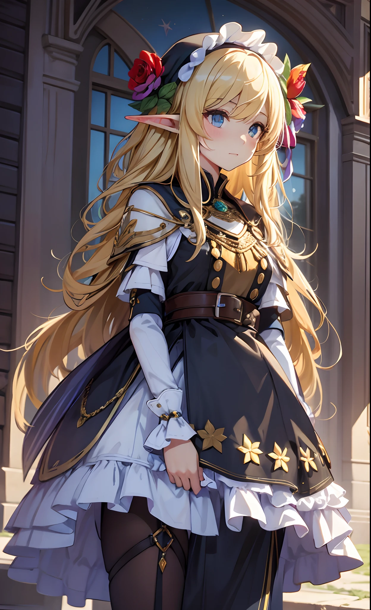 best qualityer,tmasterpiece,Ultimate resolution,downy,Extremely colorful,Colorful,western regions,elf girl, Dancer,blond hairbl,dress costumes,flowers in hair, veils,Normal posture