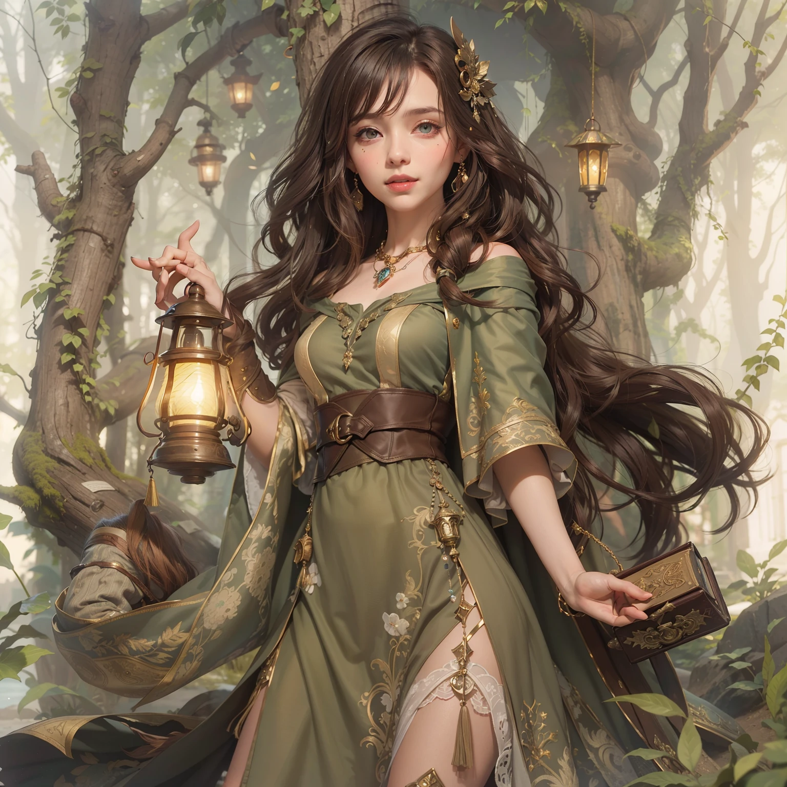 masterpiece, best quality, extremely detailed, sorceress, hazel eyes, icy eyes, cold smiling mouth, magic book in right hand, left hand hanging a lantern small, loose brown hair, modest brown dress, sepia braided sandals, dark moss-colored damaged cape on her shoulders,