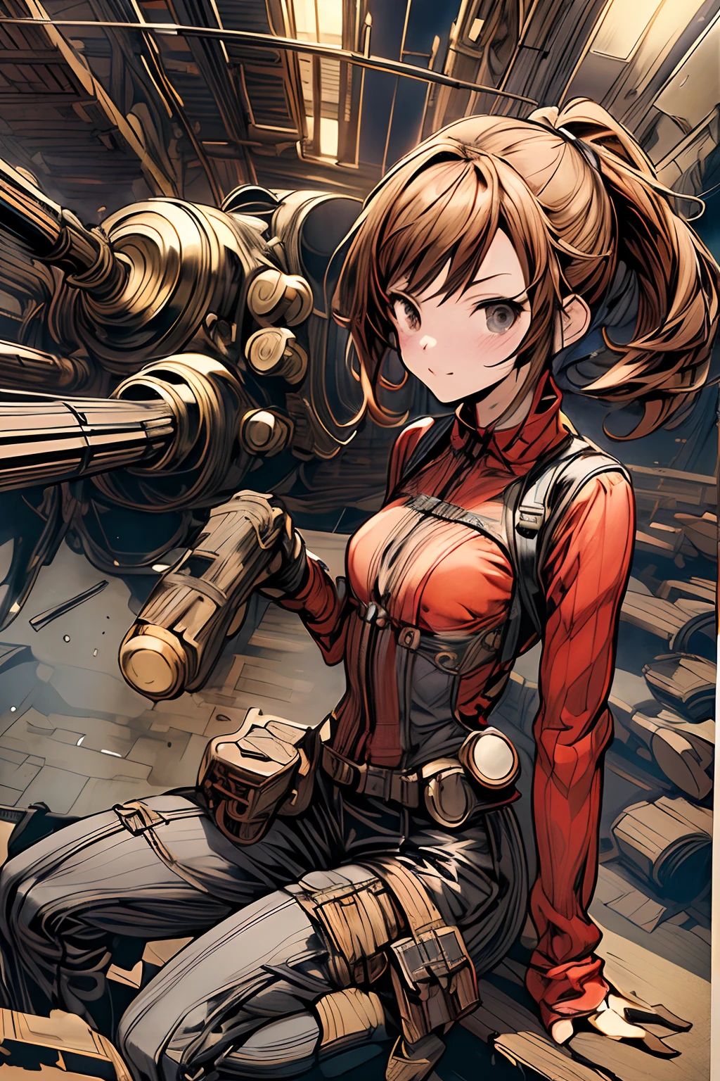 (comic book style),(linear art_Anime),(masutepiece, Best Quality, ),(Laura Bad Picture:1.2),(Lora Add Details:1.0),8K, Flat color:0.8,1girl in,steampunc、machinery background