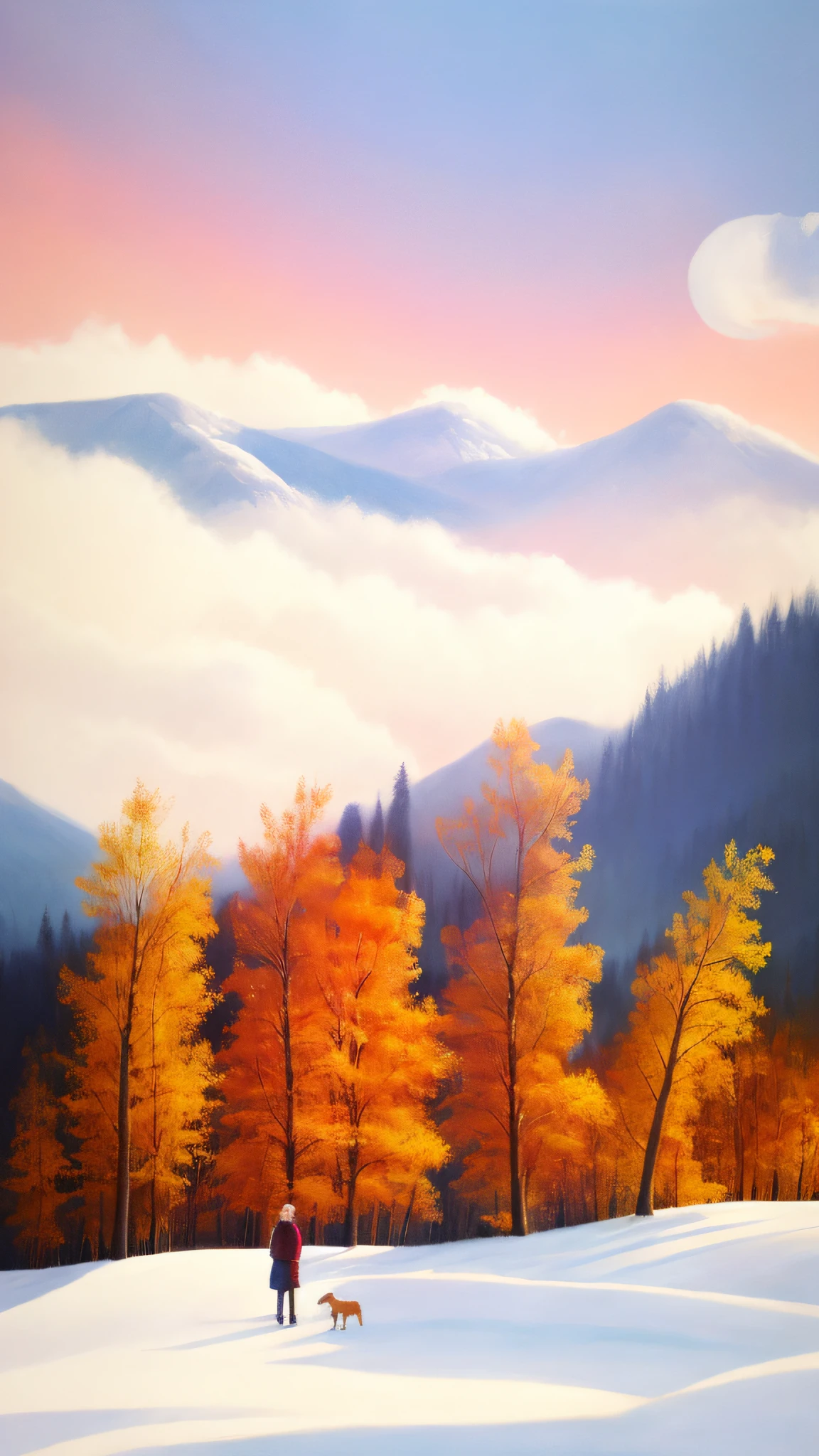 There is a painting of a couple walking their dog in the snow, Landscape illustration, autumn mountains, Bright Nordic forest, arte de fundo, landscape artwork, Forest in the background, phone background, painted landscape, nature painting, illustration!, iPhone background, Random forest landscape, some trees in the background, Detailed scenery —width 672, Landscape wallpaper, mountain scene
