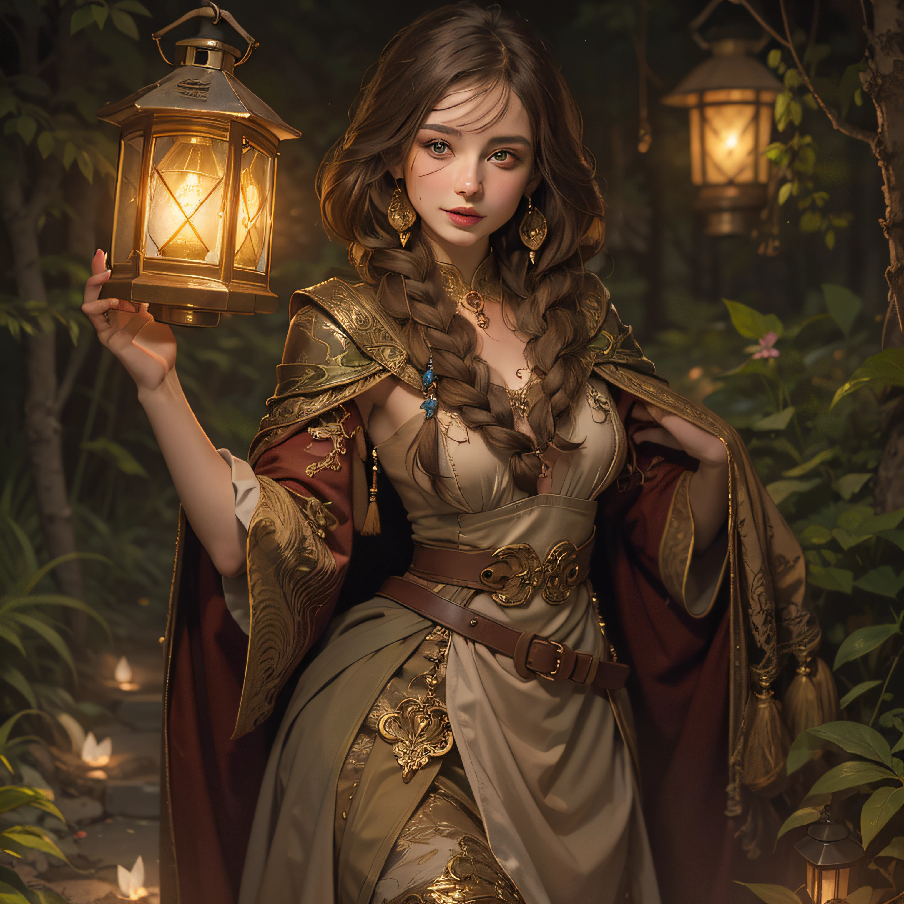 masterpiece, best quality, extremely detailed, sorceress, hazel eyes, icy eyes, cold smiling mouth, magic book in right hand, left hand hanging a lantern small, loose brown hair, modest brown dress, sepia braided sandals, dark moss-colored damaged cape on her shoulders,