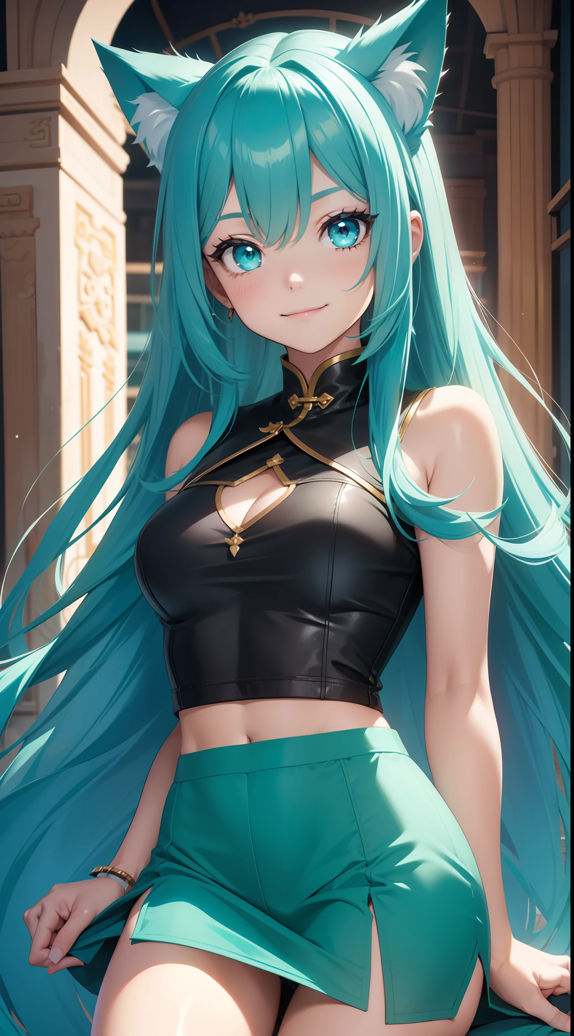 young boy, long blue hair, Fox ears, Green eyes, black skintight clothes, Shorts, open belly, Masterpiece, hiquality