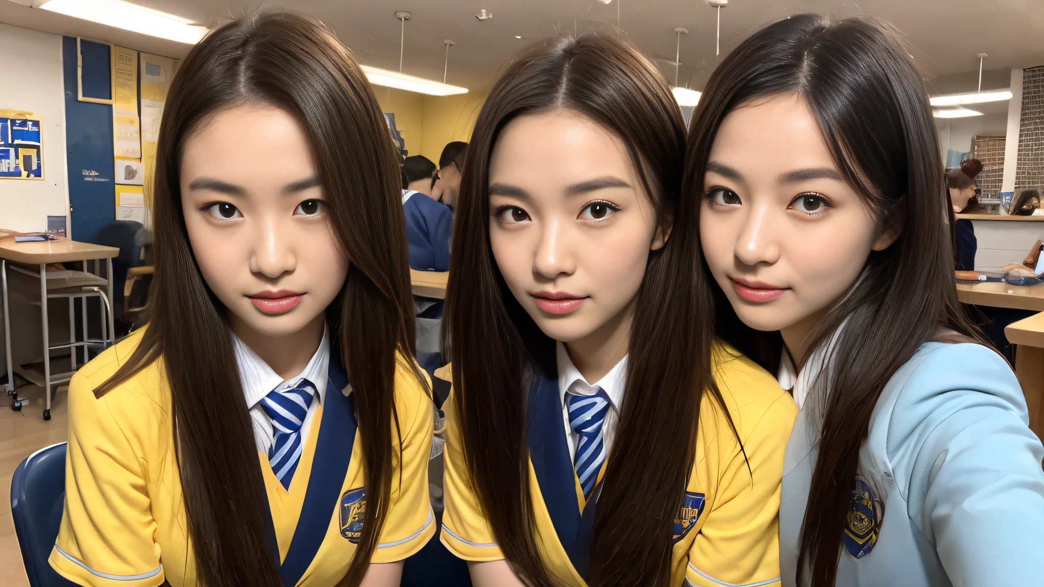 Mixed-race yellow-haired girl、White Skin Skin、chineseidol、年轻、Thick eyebrows、Black eyes、biting lip、Full of arrogance、Cheer Uniforms、Custom JF clothing、（1 female secondary school student）、In the school infirmary、Sit at the bar、Slim eyebrows、Brown hairpins、hentail realism、8K、tmasterpiece、A high resolution、、anatomically correcte、、from above view、32K quality