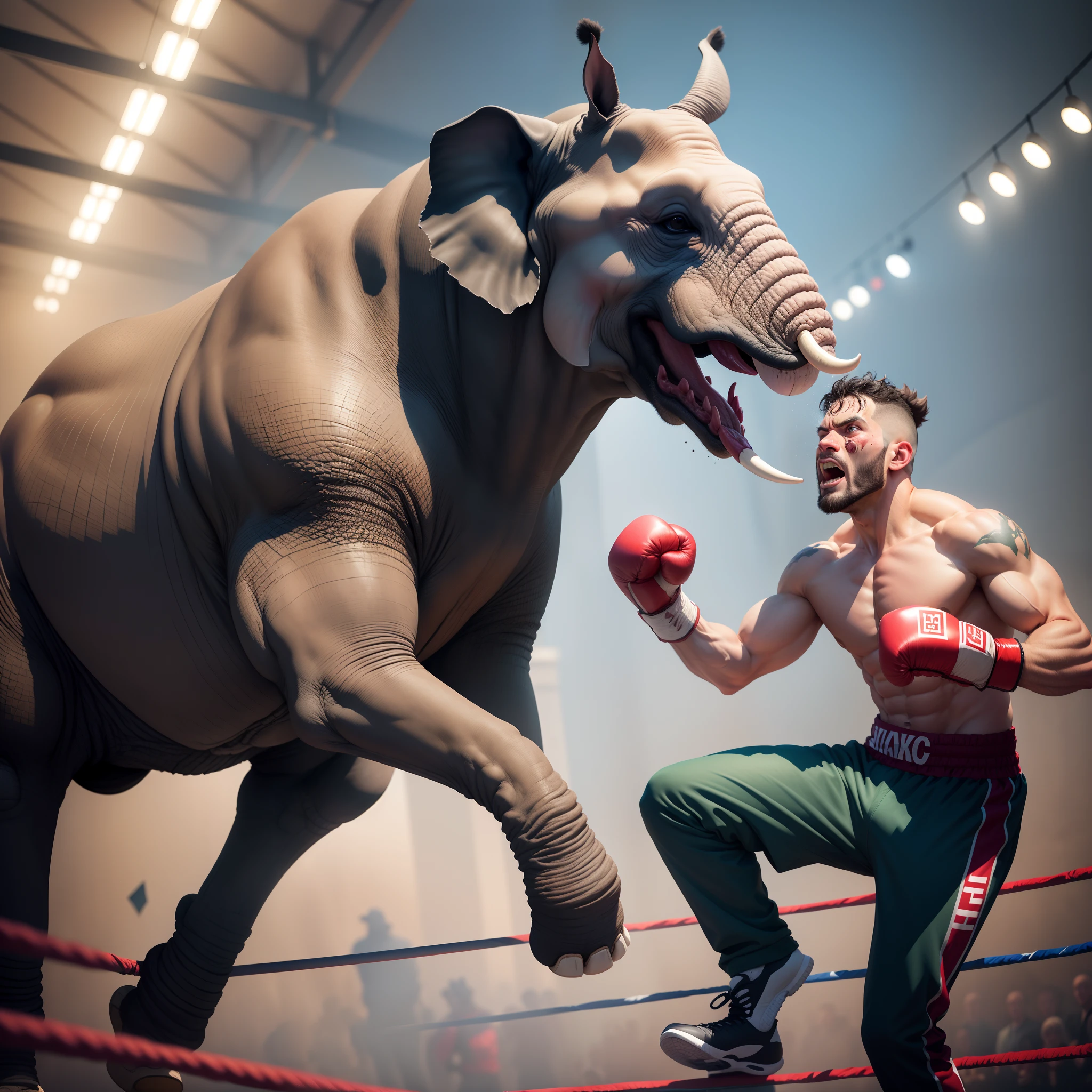 The elephant-headed boxer stood in the ring scarred,Shout to the sky and cheer victory,The boxer of the downed rhino-headed man fell to the side