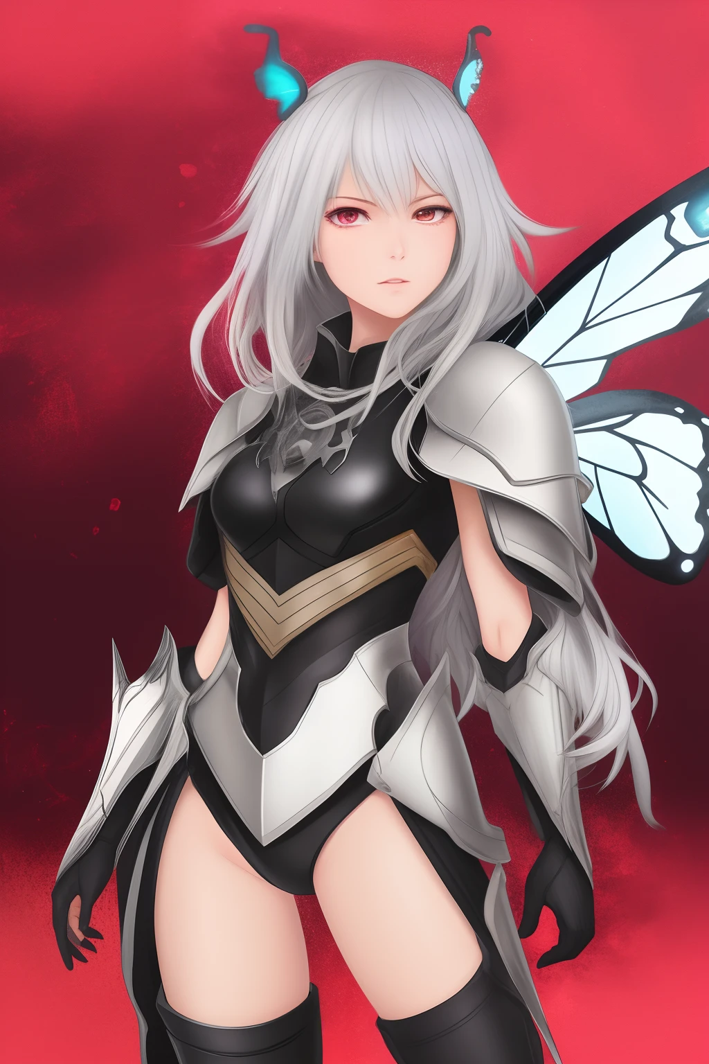 Two-dimensional anime: A girl with white hair
Long antennae，Wears black armor, red eyes, butterfly wings