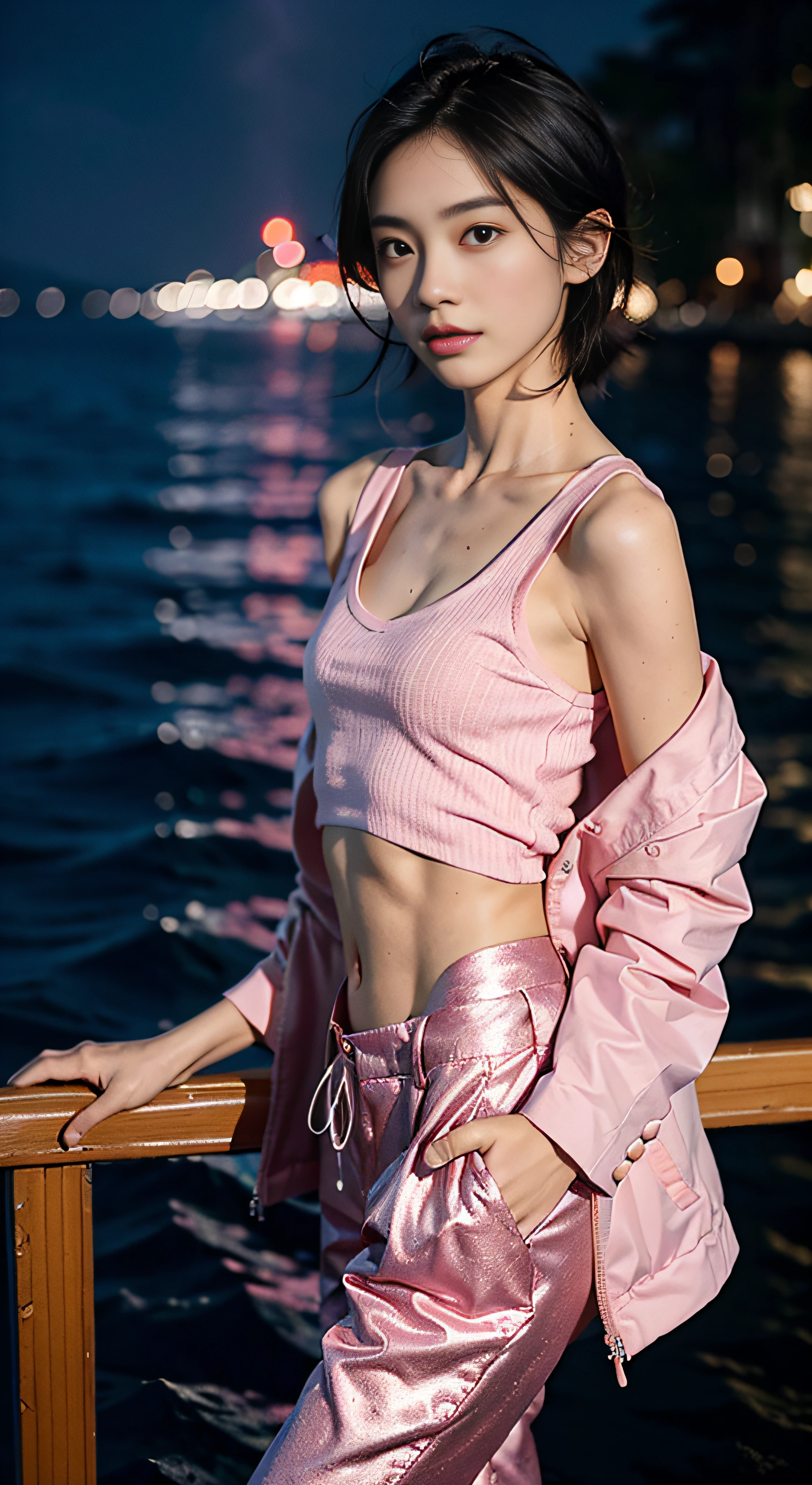 ((smallunderboob,Tomboyish,small heads)), (Well-defined abs: 1.1), (perfect bodies: 1.1), (short-length straighthair: 1.2), Black hair, upper body photos, attractive collarbone，nabel，（极其细致的CG 8k壁纸），（Extremely refined and beautiful），（tmasterpiece），（best qualtiy：1.0），（超高分辨率：1.0），beautiful light up，Perfect lightning，realistic shaded，[A high resolution]，Smooth and flawless fair skin，ultra - detailed ，Elongated legs，flatchest，Slim，emaciated，during night，Dim light，Pink cloth jacket，Pink and white horizontal striped vest，Ocean blue trousers，Barefoot
