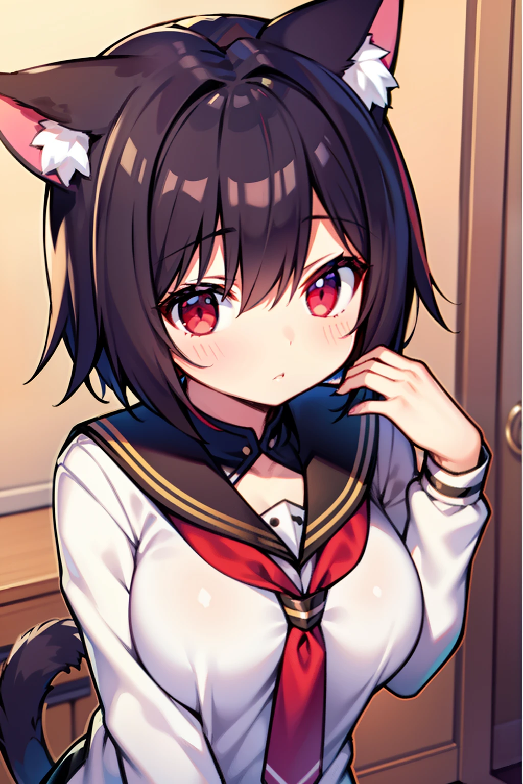 Black hair, Cat ears, Cat girl, Red eyes, Student clothes，