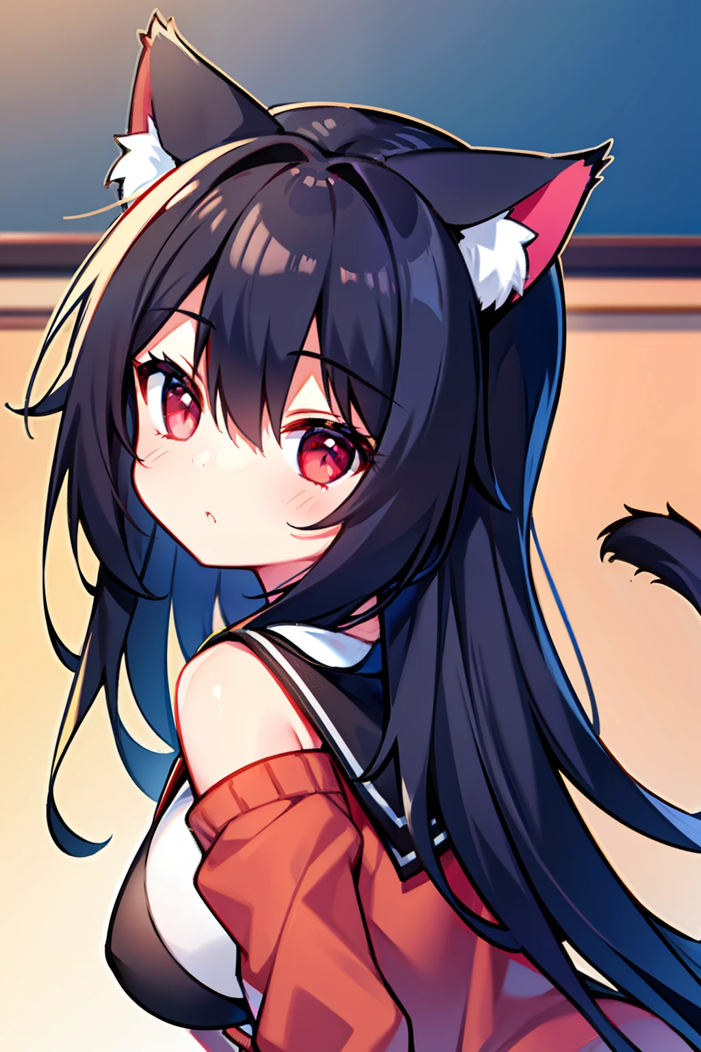 Black hair, Cat ears, Cat girl, Red eyes, Student clothes，