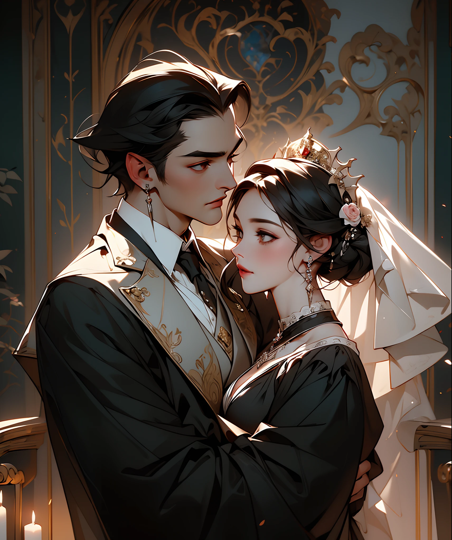 (highest quality, masterpiece), a beautiful wedding between Dracula and his bride Mina, baroque, gothic, elegant, perfect composition, best exposition, HDR, dramatic, rya tracing, professional photography, immense details