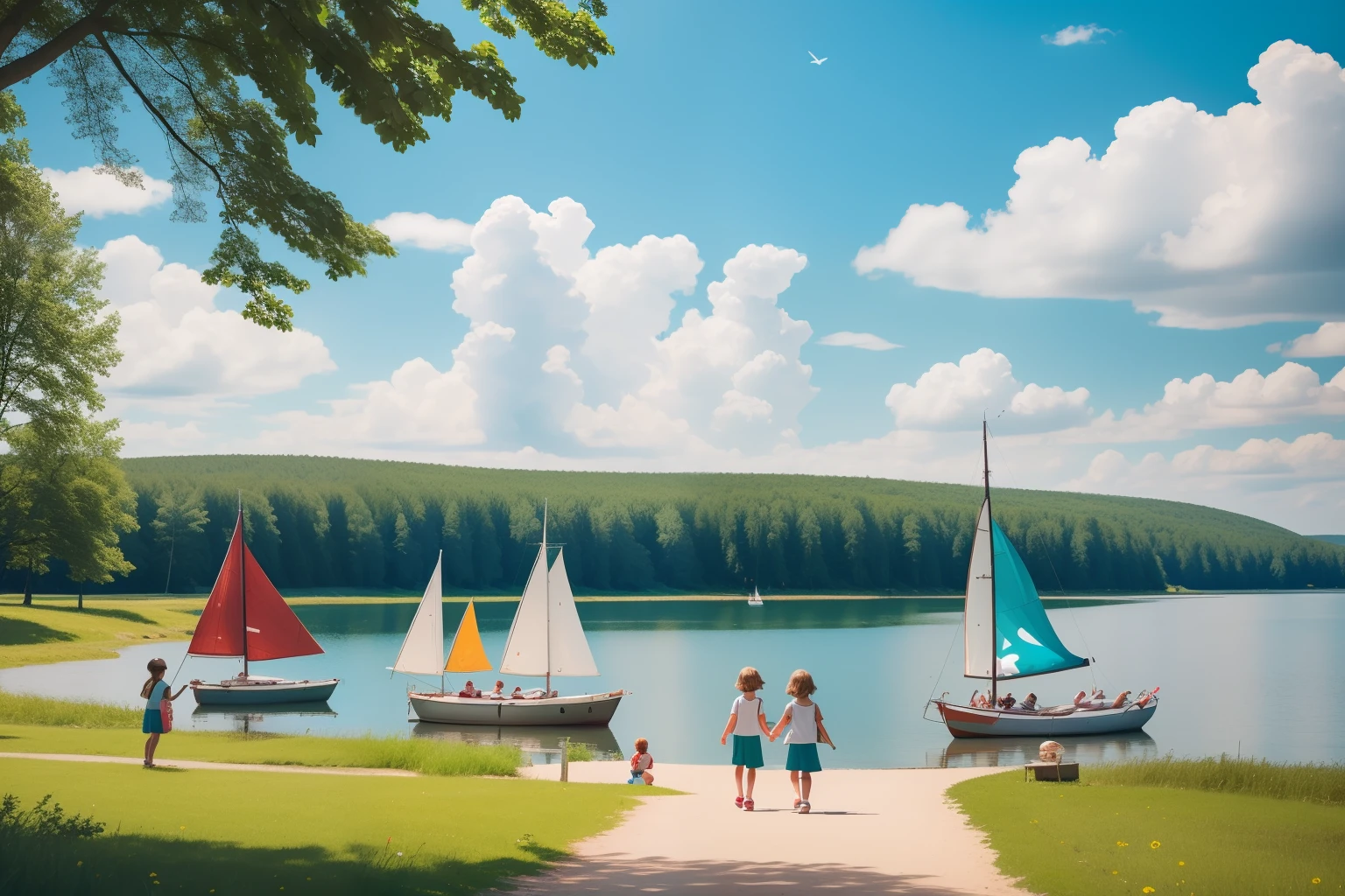 Year: 2018
Country: Latvia
Description: On the picturesque shores of Lake Ķīšezers, a group of tweens gathers for a summer day of sailing. Their colorful sailboats dot the tranquil waters, while the forested landscape surrounding the lake adds a whimsical touch to the scene.
