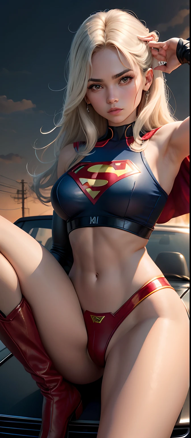 crie uma mulher branca, ocidental, cabelos loiro, 21 anos, branca, com cabelos longos loiro, olhos azuis com igamem realistica raw 8k, dentro do carro a noite, se insinuando para a lente, calcinha branca com letra S do superman, volume na calcinha, protuberancia na calcinha, menino afeminado, transexy, saia curta, prazer, molhada, melada , superman S symbol in the background. With open legs the show for you.