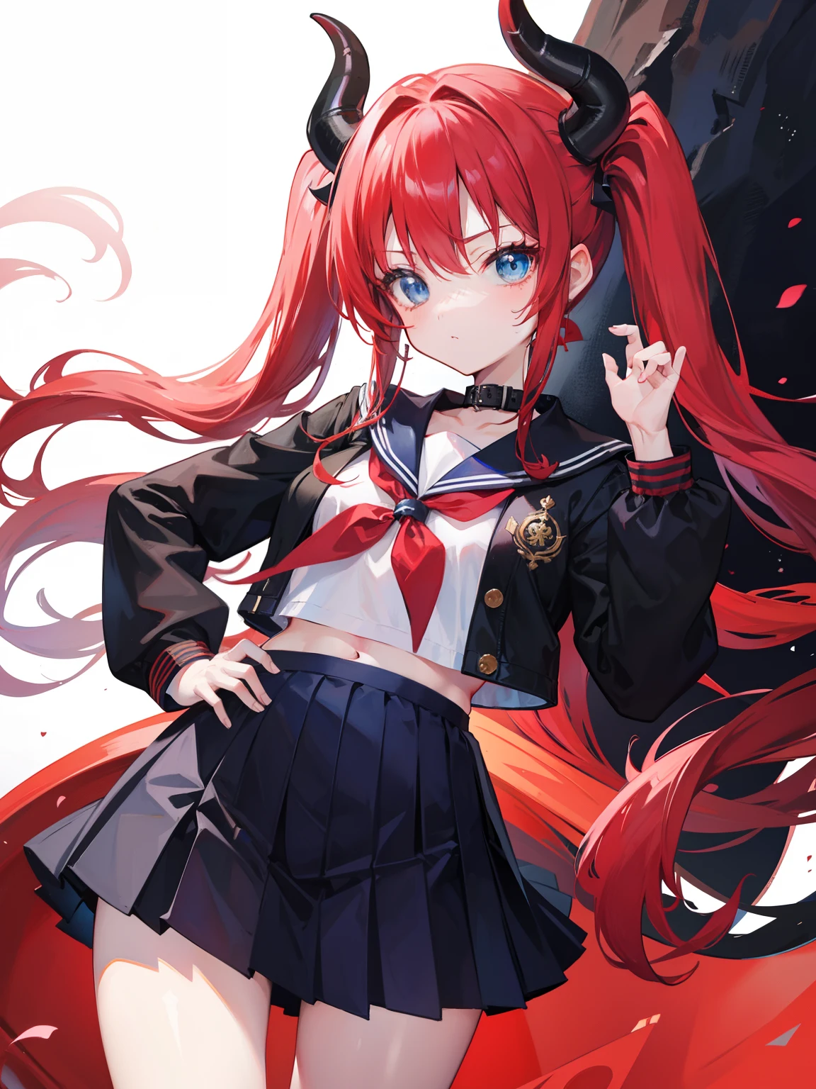 red hair, blue eyes, twintails, Sailor suit,black coat, Pleated skirt,solo,li,cute,bow,Dragon horns