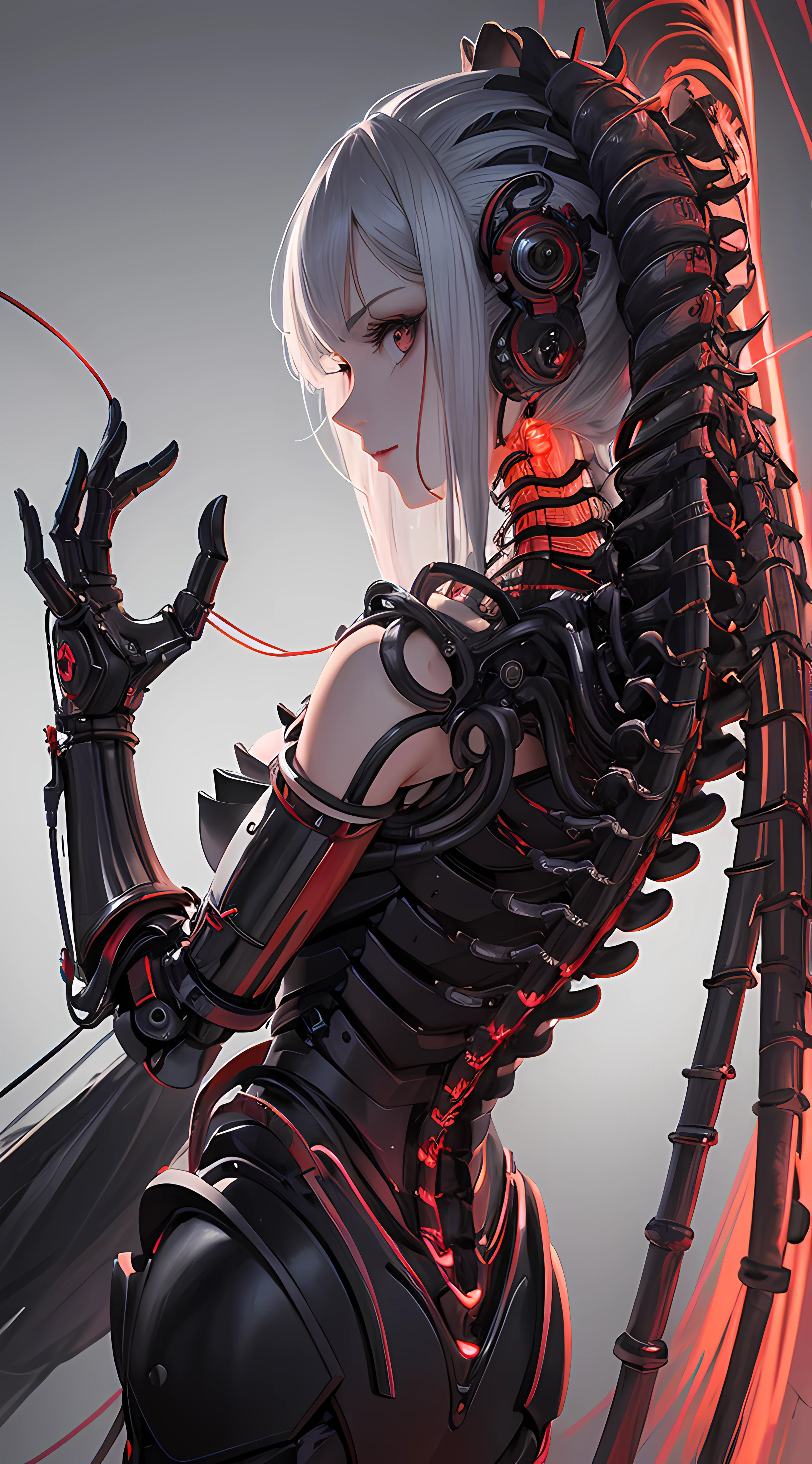 (((Masterpiece))), ((Best Quality)), (Super Detail), (CG Illustration), (Very Evil and Beautiful)), Cinematic Light, ((1 Mechanical Girl)), Single, (Mechanical Art: 1.4), ((Mechanical limb)), (Blood vessel attached to a tube), ((Mechanical spine attached to the back)), ((Mechanical cervical vertebrae attached to the neck), (Back to the viewer)), expressionless, ( Wires and cables attached to the head and body: 1.5), Science Fiction, Apocalypse, Ruins, (Lower Body Integrated with Mechanical Devices), (Blood: 1.5), Cruelty, Absurdity, Eroticism, Fusion with Machines, Doomsday Time, Super Future, Inorganic, Laboratory, Restraint, (Beautiful Indulgence: 1.2), (1 Girl: 1.3), Body Wrapped Around Mechanical Tentacles