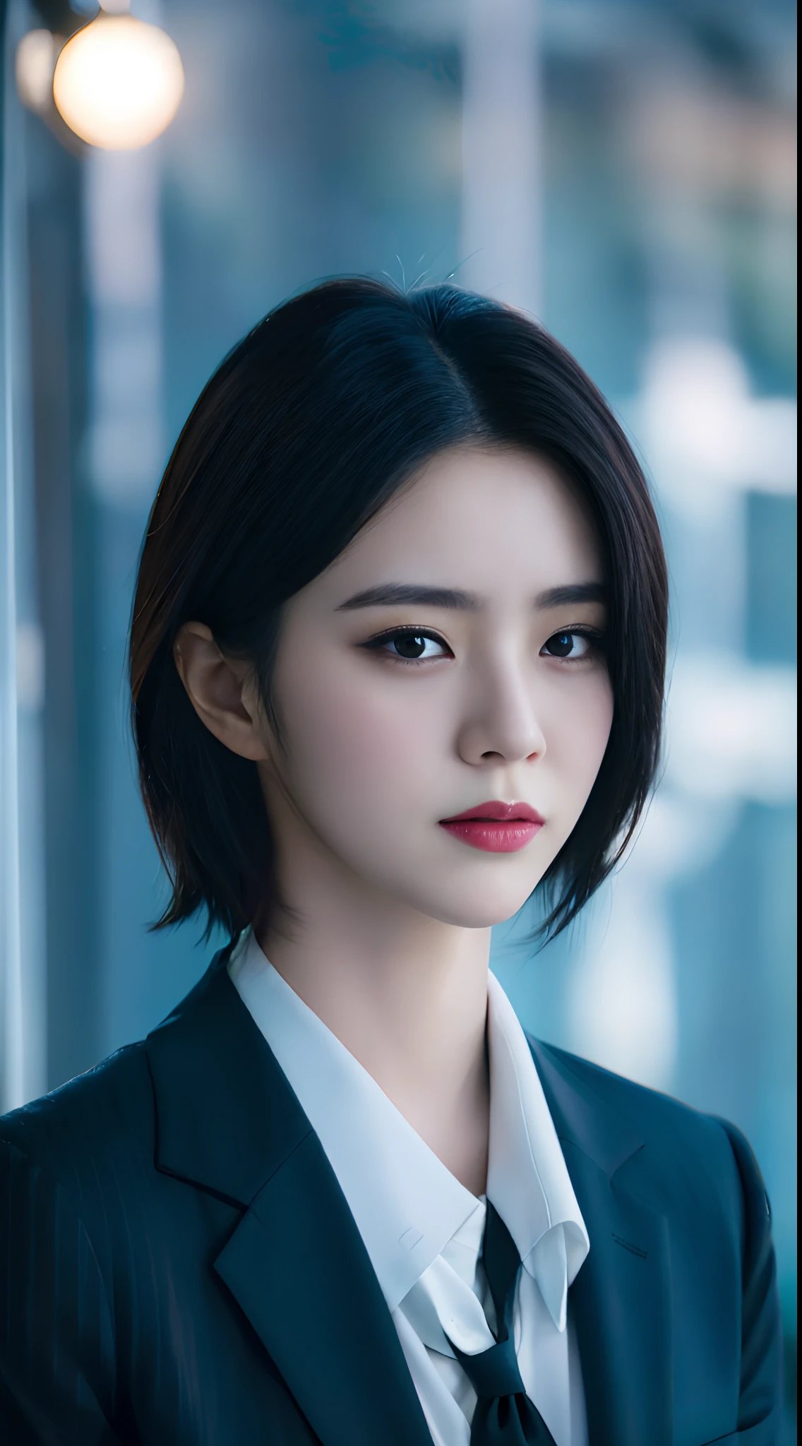 there is a woman with a black shirt and a black tie, stunning  face portrait, teal cinematic lit,8k portrait render, with short hair, soft portrait shot 8 k, realistic photography the style of guweiz, portrait of an girl, dramatic photography,sui ishida with black hair, portrait of woman, portrait of anime girl, hyper realistic 8K, realistic photography