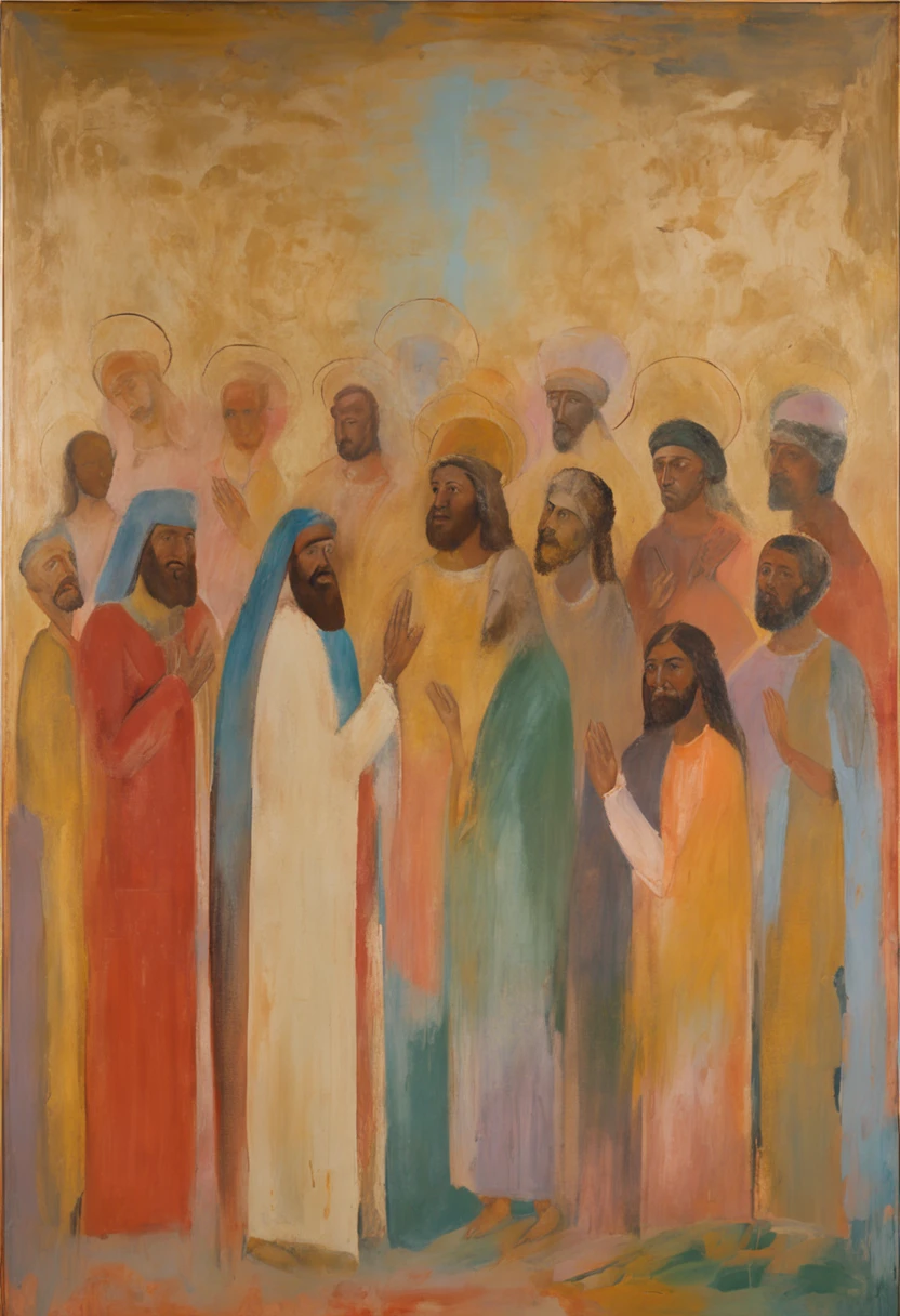 (Masterpiece:1.4), (Very complex:1.2), A group of people sit around Jesus with their hands raised, Bible illustrations, mural, Detailed face, Historical figures, Leonardo da Vinci,