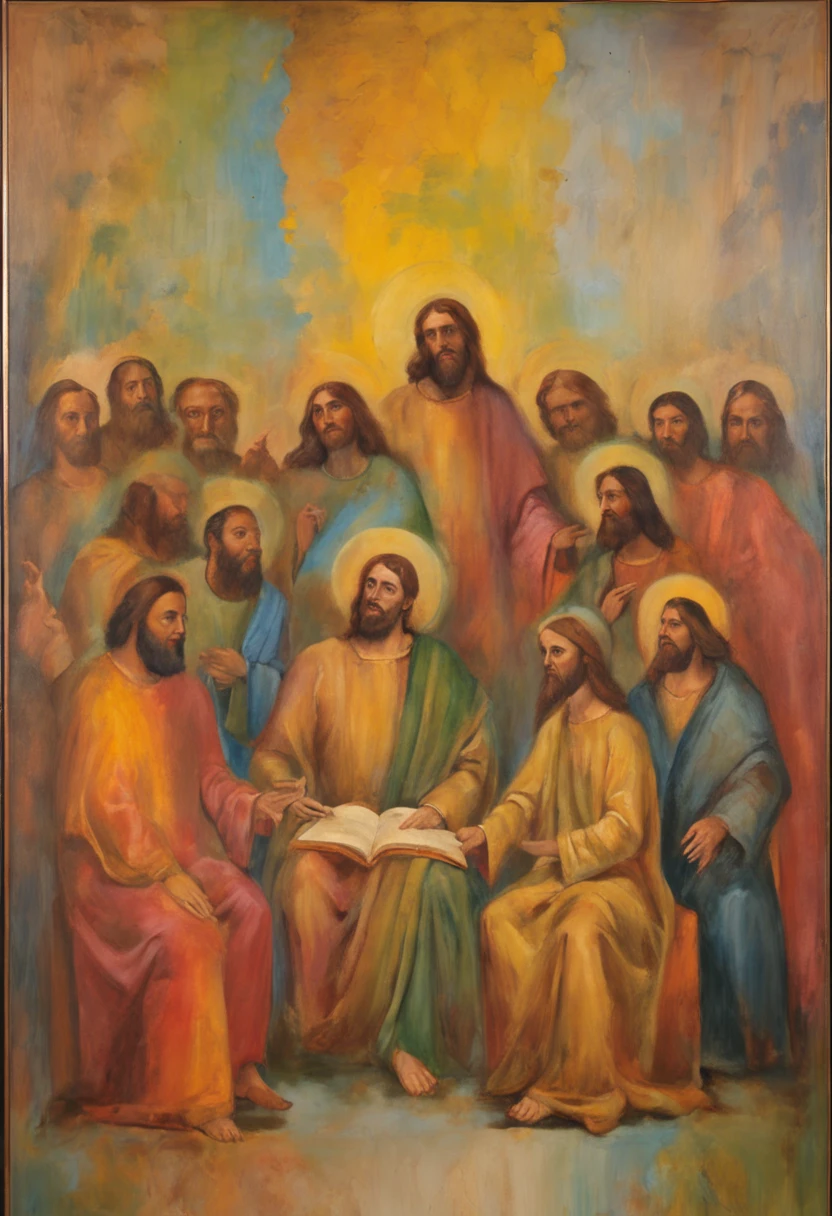 (Masterpiece:1.4), (Very complex:1.2), A group of people sit around Jesus with their hands raised, Bible illustrations, mural, Detailed face, Historical figures, Leonardo da Vinci,
