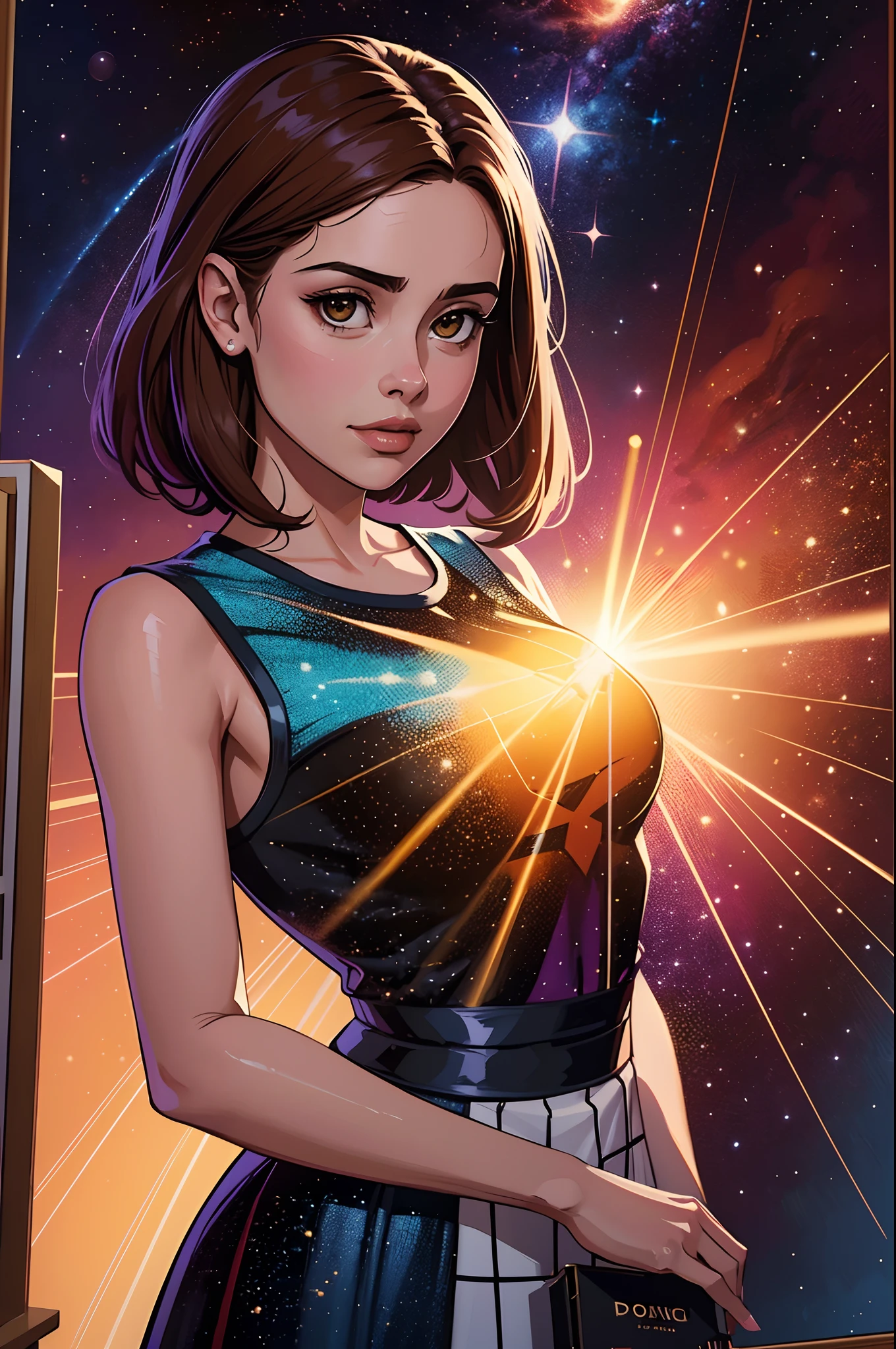 1young Clara Oswald from the series "Doctor Who?", ssmile, in a red checkered mini dress, supernova, pulsar, dynamicpose, , caustic chlorine mist , Palette knife-oil painting, Detailed Illustration, ((Artist Andy_Fairhurst)), ((Best Quality, tmasterpiece)), Extreme detailing, 8K