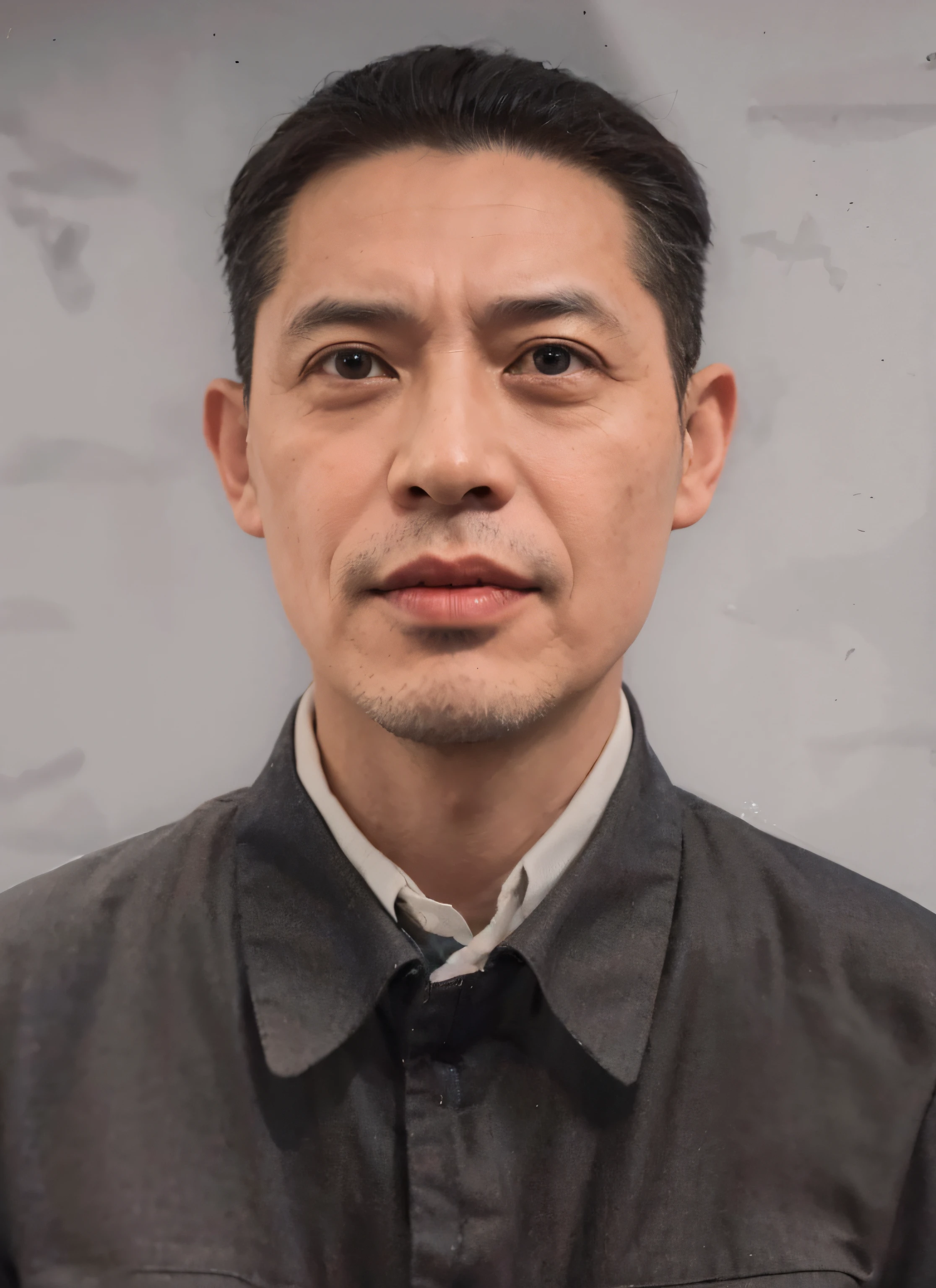 Portrait of a middle-aged Chinese man,Photorealistic photos,He wears a blue-gray Zhongshan suit,Wear a white shirt underneath,clean backdrop,realistic restored face, Realistic clothing texture