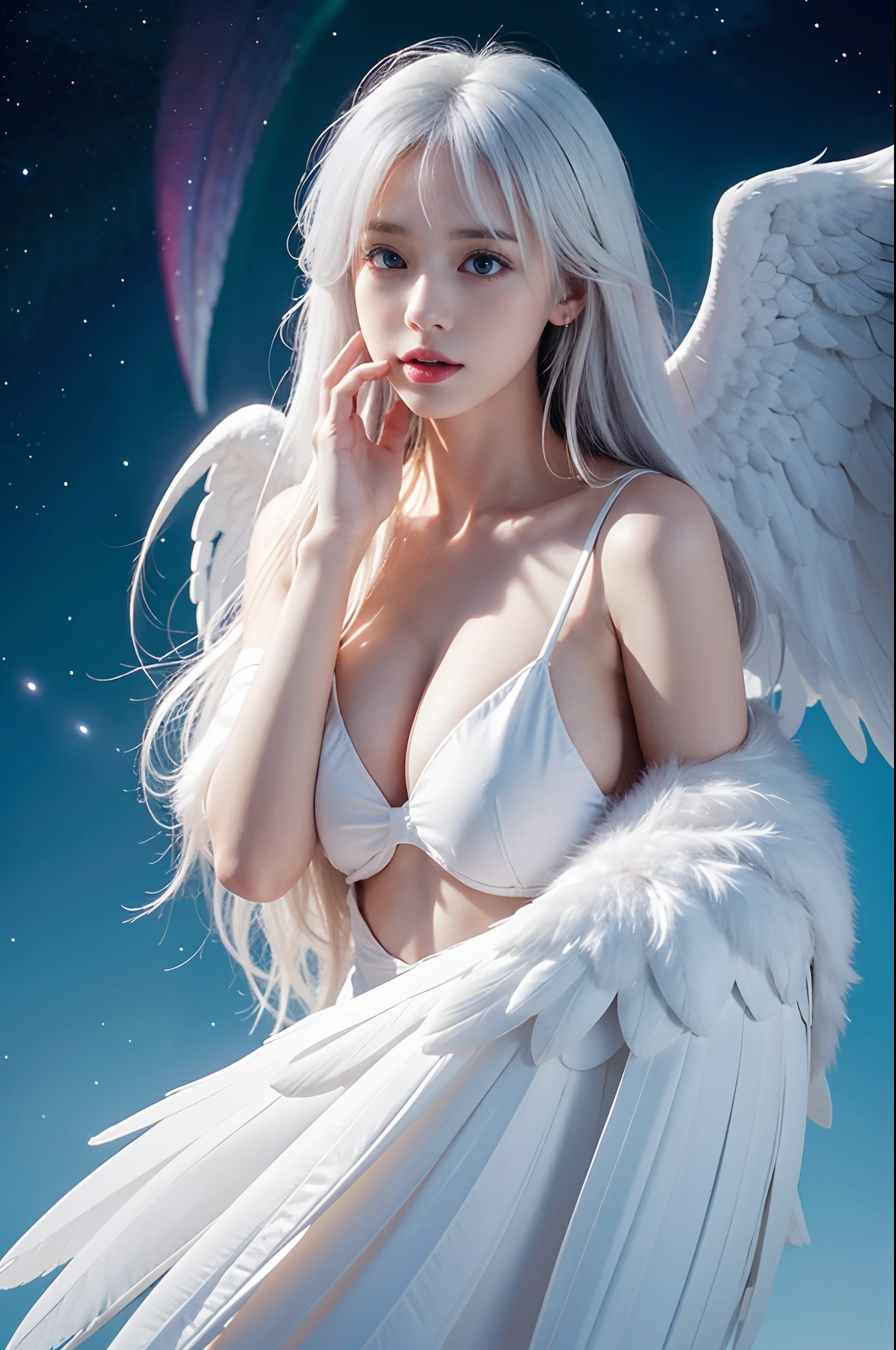 girl,ahoge,large breast,Sleepy,Hair over shoulder,Pale skin,Angel wings,Wings,white wings,Multiple wings,Large wings,Long hair,white_hair,blue eyes,Wariza,stars,aurora