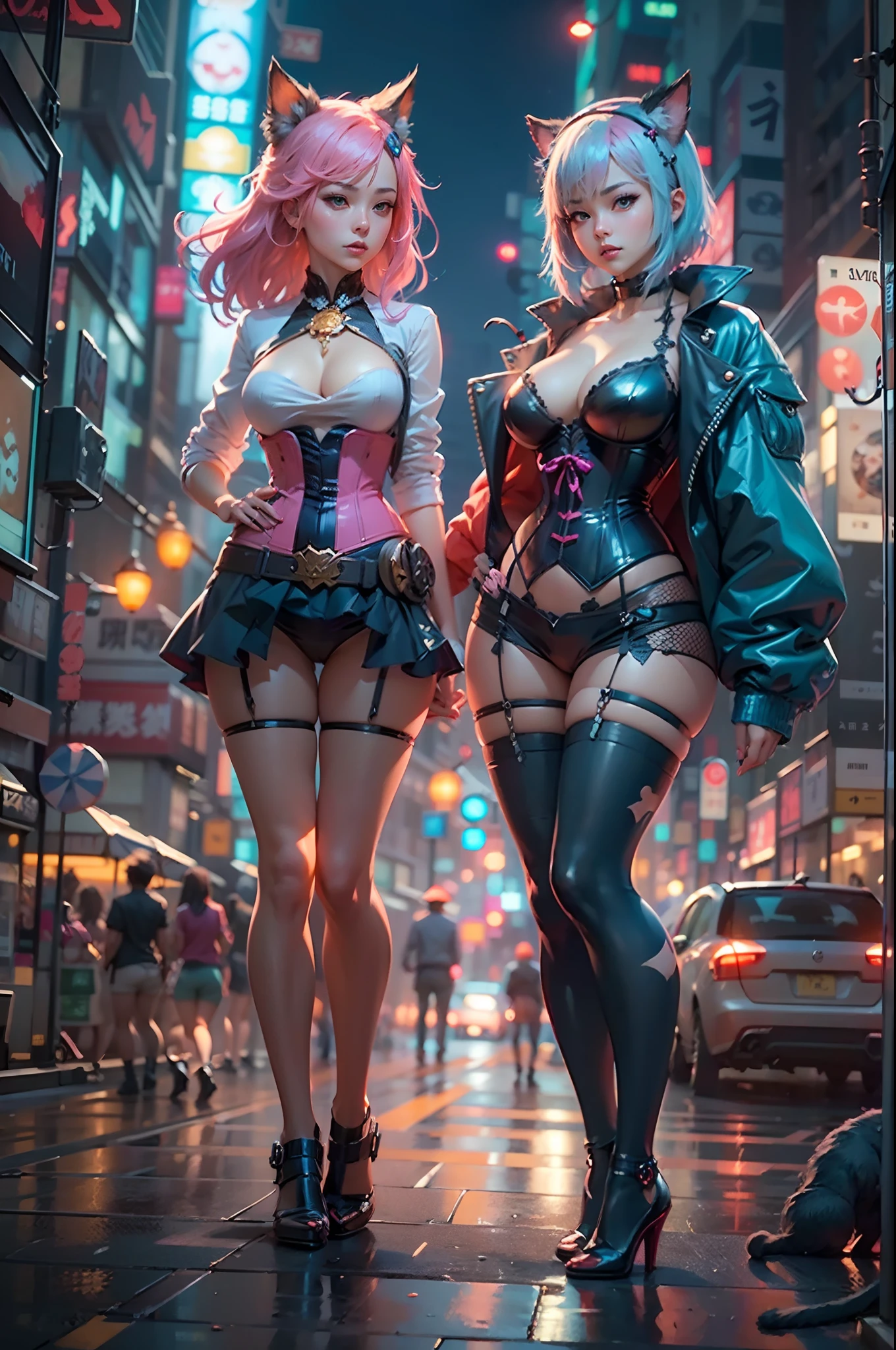 anime - style image of two women with pink and blue hair smal booty dressed in red and blue corset, pose in Akihabara at night for a foto shooting, wlop and sakimichan, attractive cat girl, artwork in the style of guweiz, fantasy art style, 2. 5 d cgi anime fantasy artwork, fanart best artstation, by Yang J, trending on cgstation, wlop and ross tran, guweiz