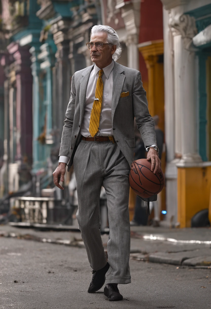 Gray hair,Suspenders,Gray trousers,Playing the Basketball