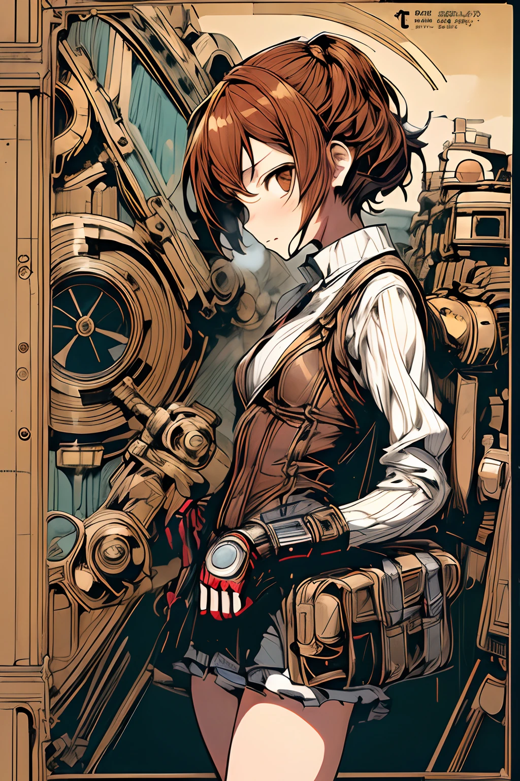 (comic book style),(linear art_Anime),(masutepiece, Best Quality, ),(Laura Bad Picture:1.2),(Lora Add Details:1.0),8K, Flat color:0.8,1girl in,steampunc、machinery background