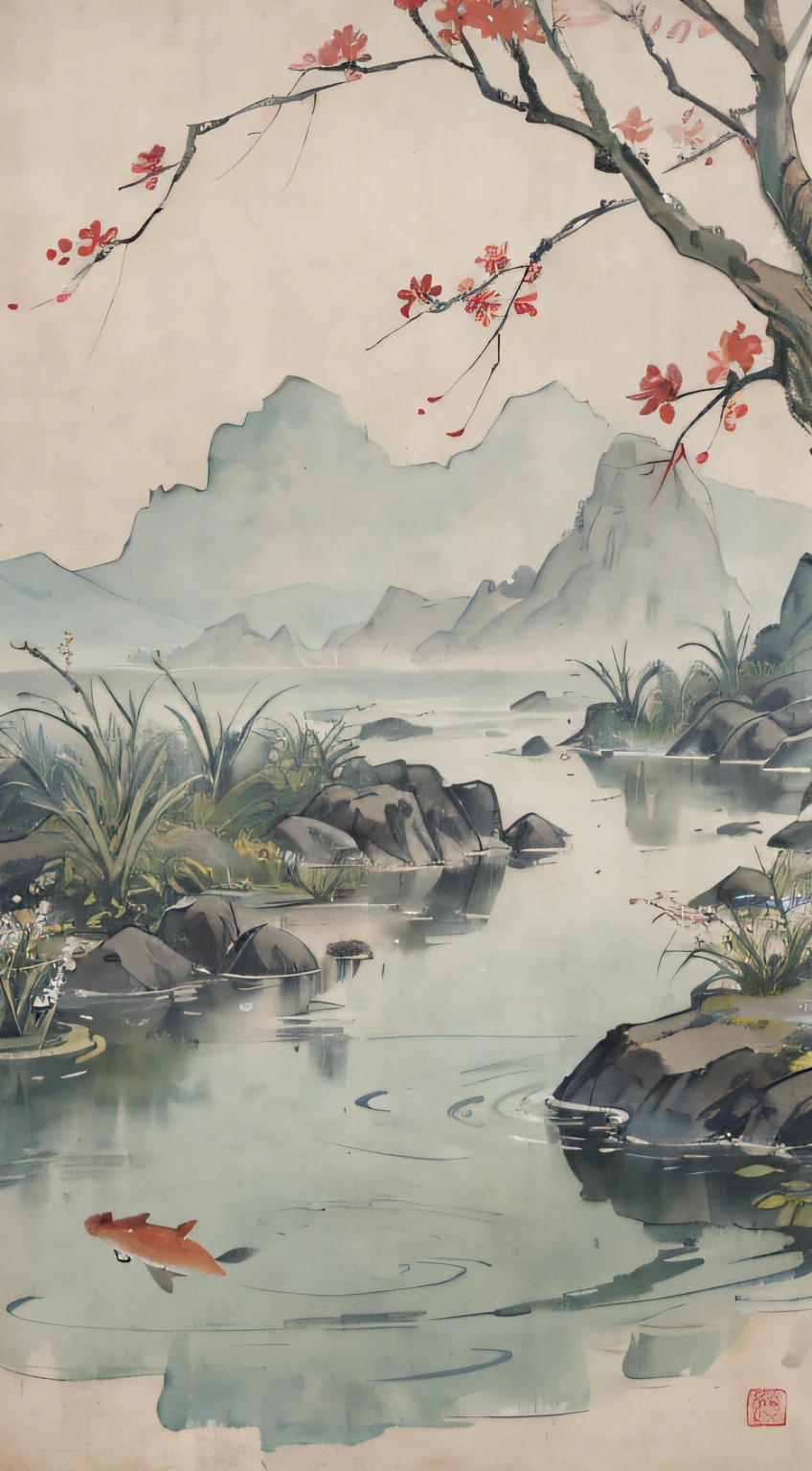 Koi in the pond，Green grass on the shore，Lots of flowers，A plant， Chinese watercolor style, k hd，Traditional Chinese watercolor，Traditional Chinese painting，China ink painting，inspired by Kim Hong-do, Traditional Chinese painting, japan watercolour, inspired by Huang Binhong, Watercolor landscape